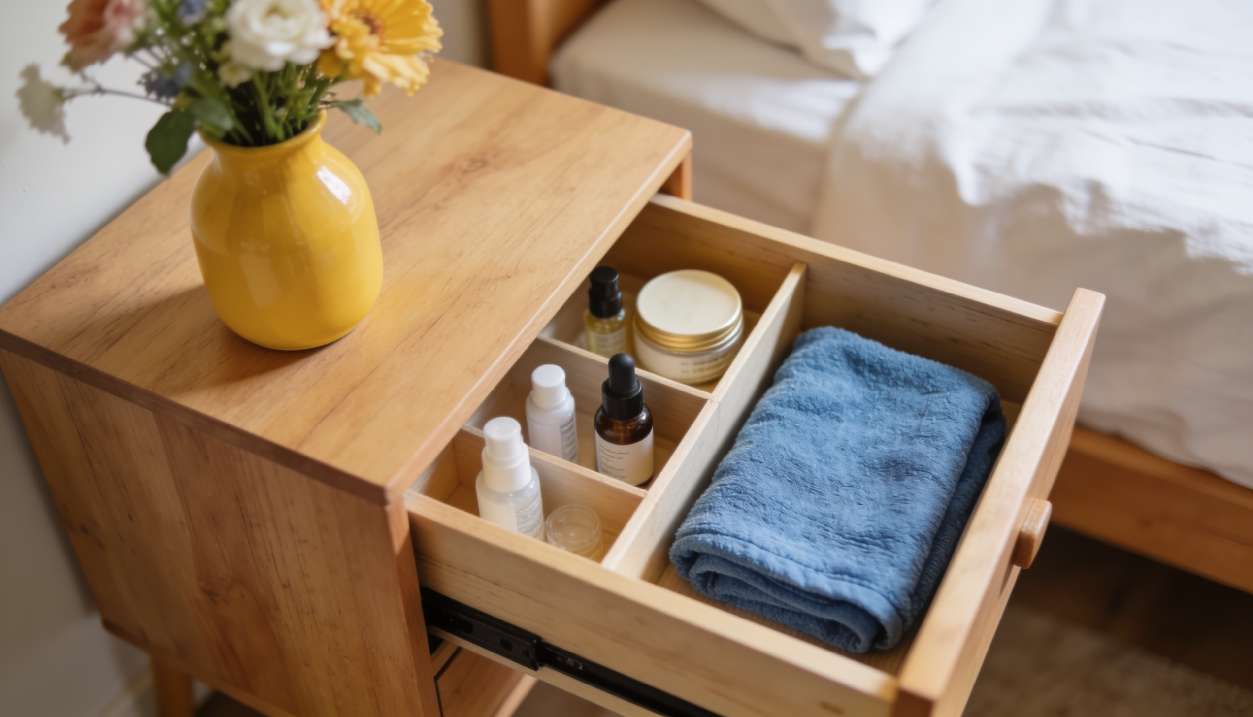 Bedroom nightstand drawer organized with skincare bottles in a divided tray and a folded towel