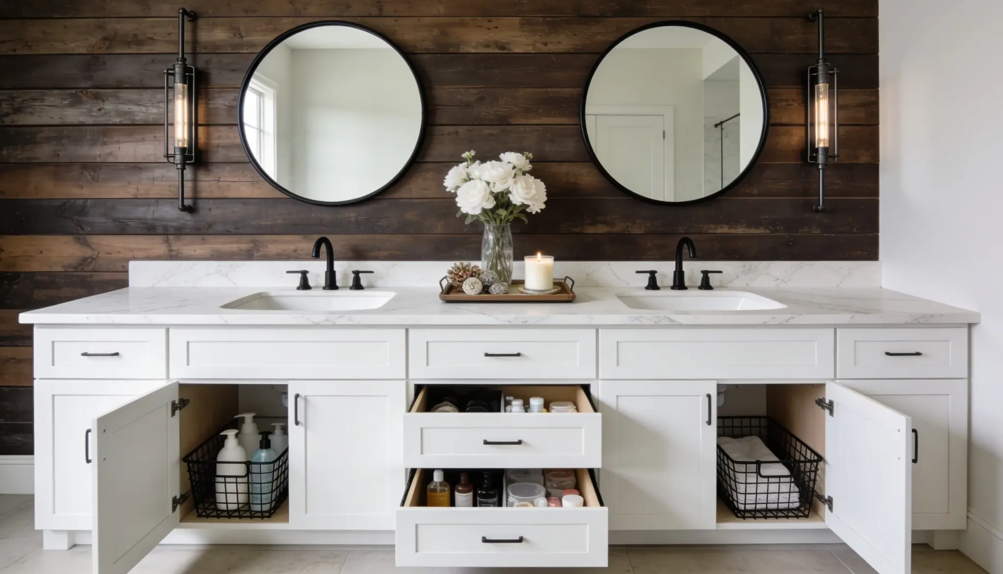 Double vanity bathroom with open cabinets and drawers organized using wire baskets and bins.