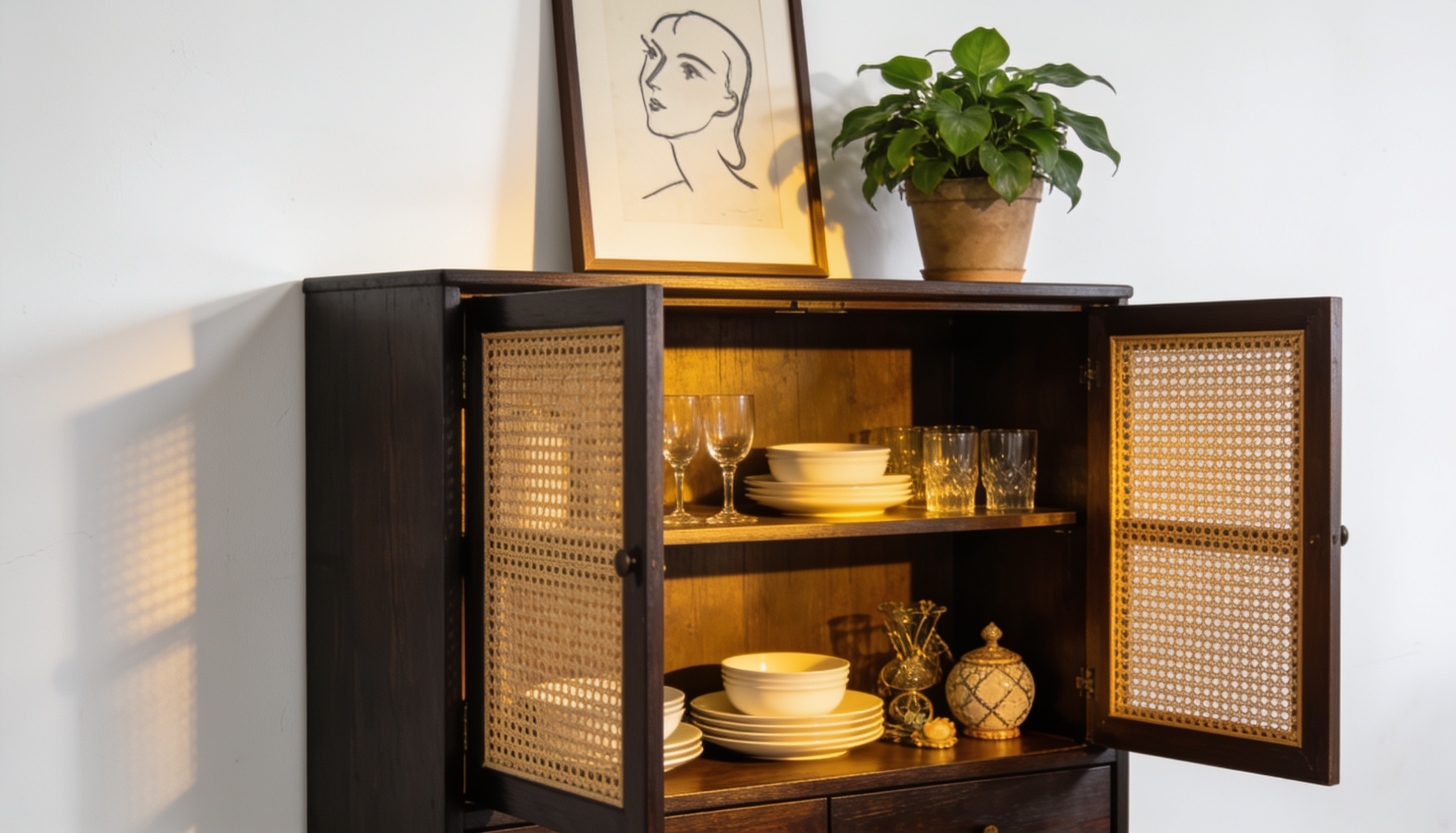 Wooden cabinet with glass doors organized with stacked plates, bowls, glasses, and decor items