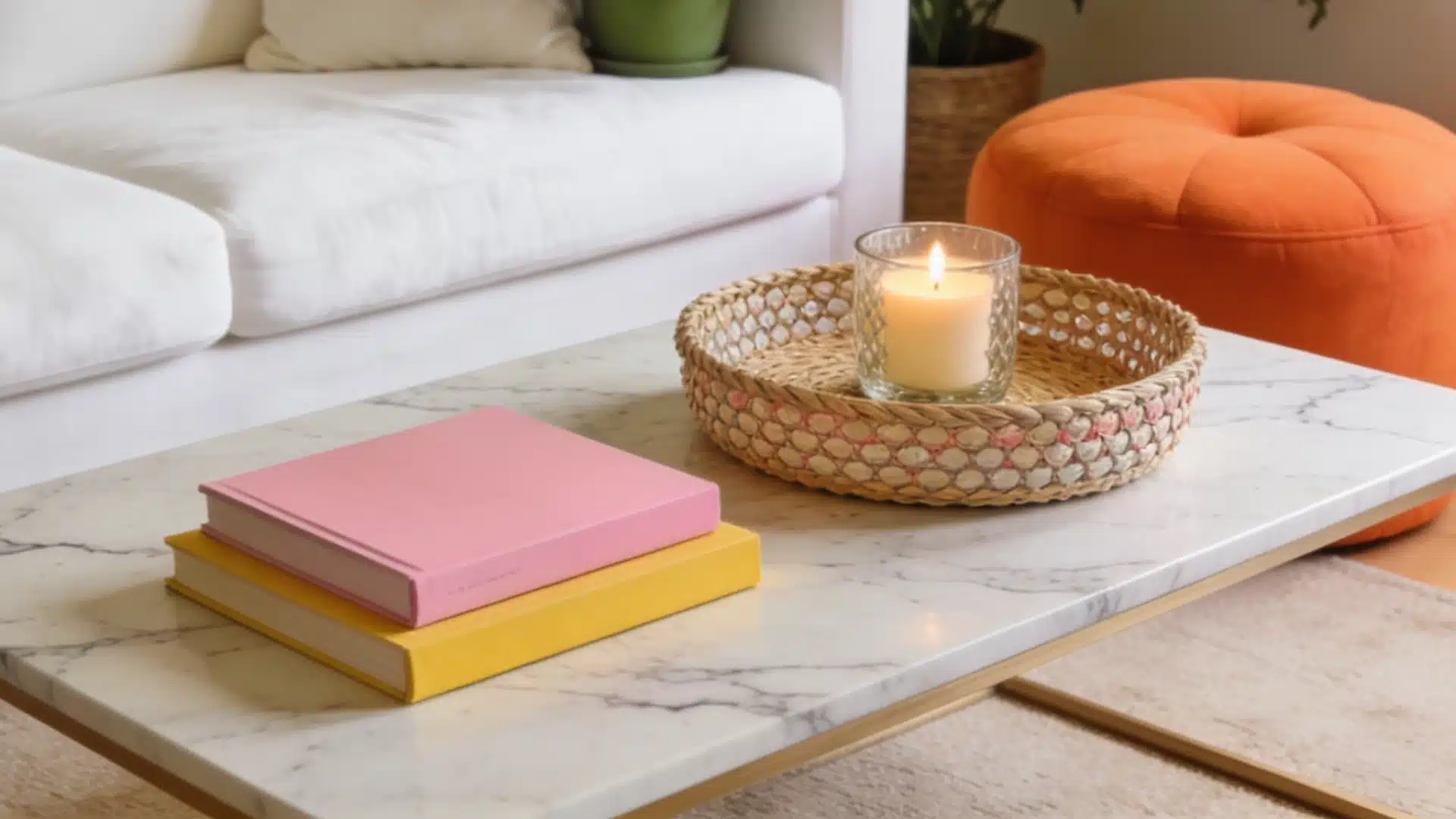 Living room coffee table with a woven tray, candle, and stacked books kept neat and clutter free
