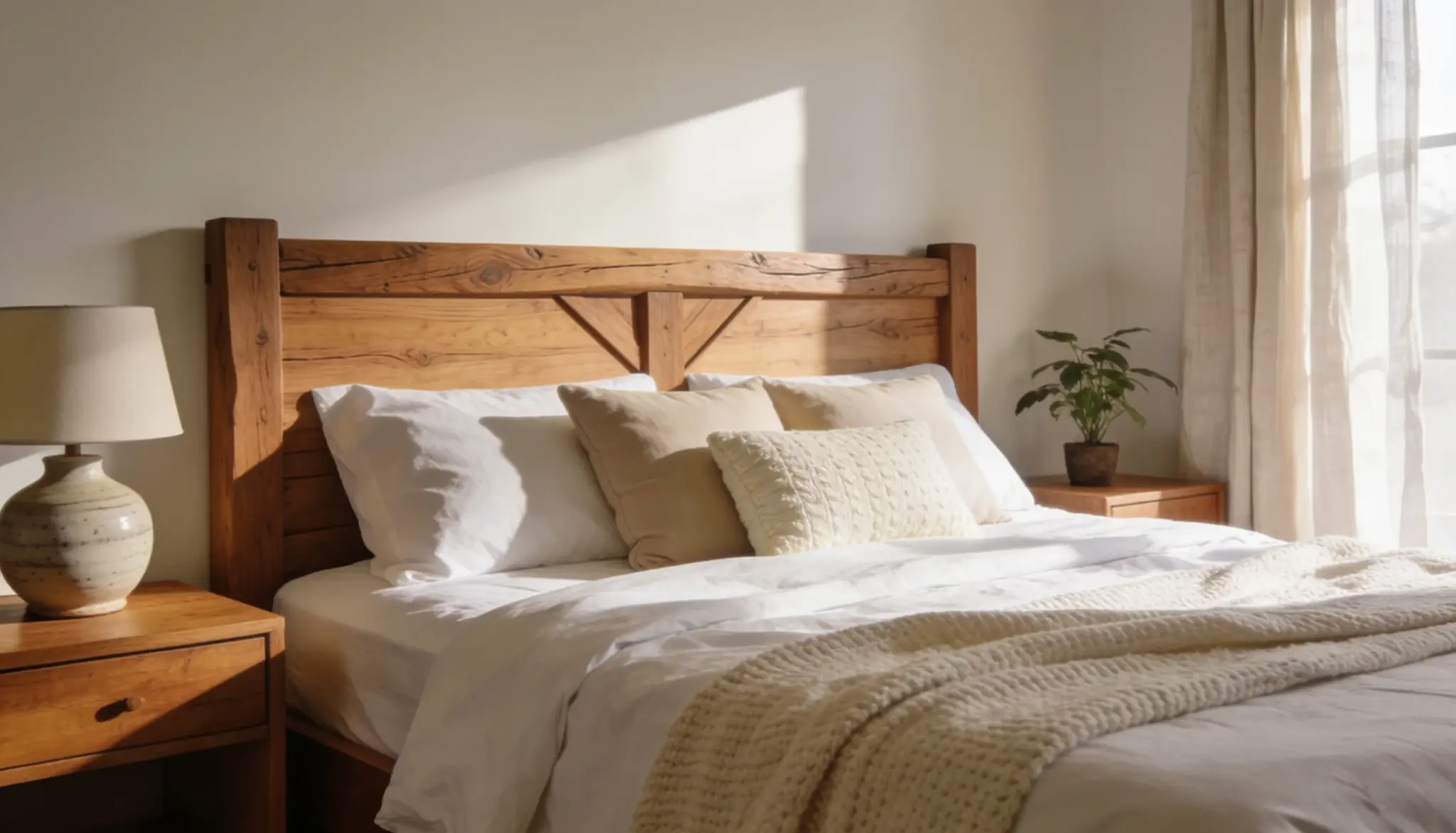 DIY wooden headboard in a cozy bedroom with white linen bedding, warm oak nightstands, soft neutral décor, and natural sunlight streaming through sheer curtains