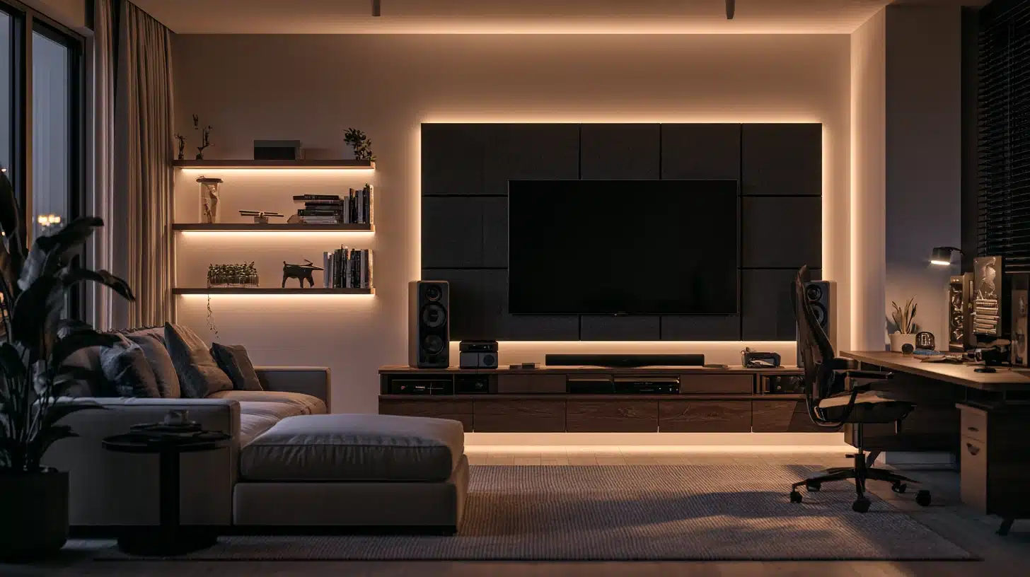Acoustic panels mounted on walls in a modern living room with a couch and TV, enhancing soundproofing and aesthetics.
