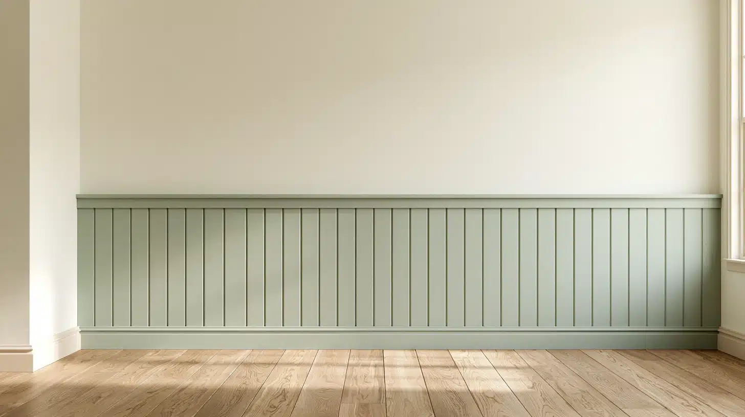 A room featuring a vibrant green wall and a warm wooden floor, creating a cozy and inviting atmosphere.