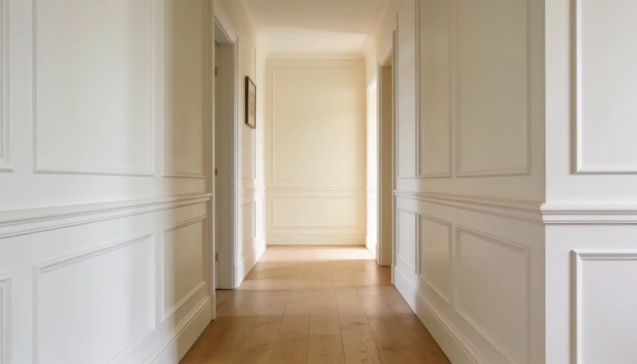 A bright white hallway featuring wooden flooring and white trim, creating a clean and modern aesthetic.