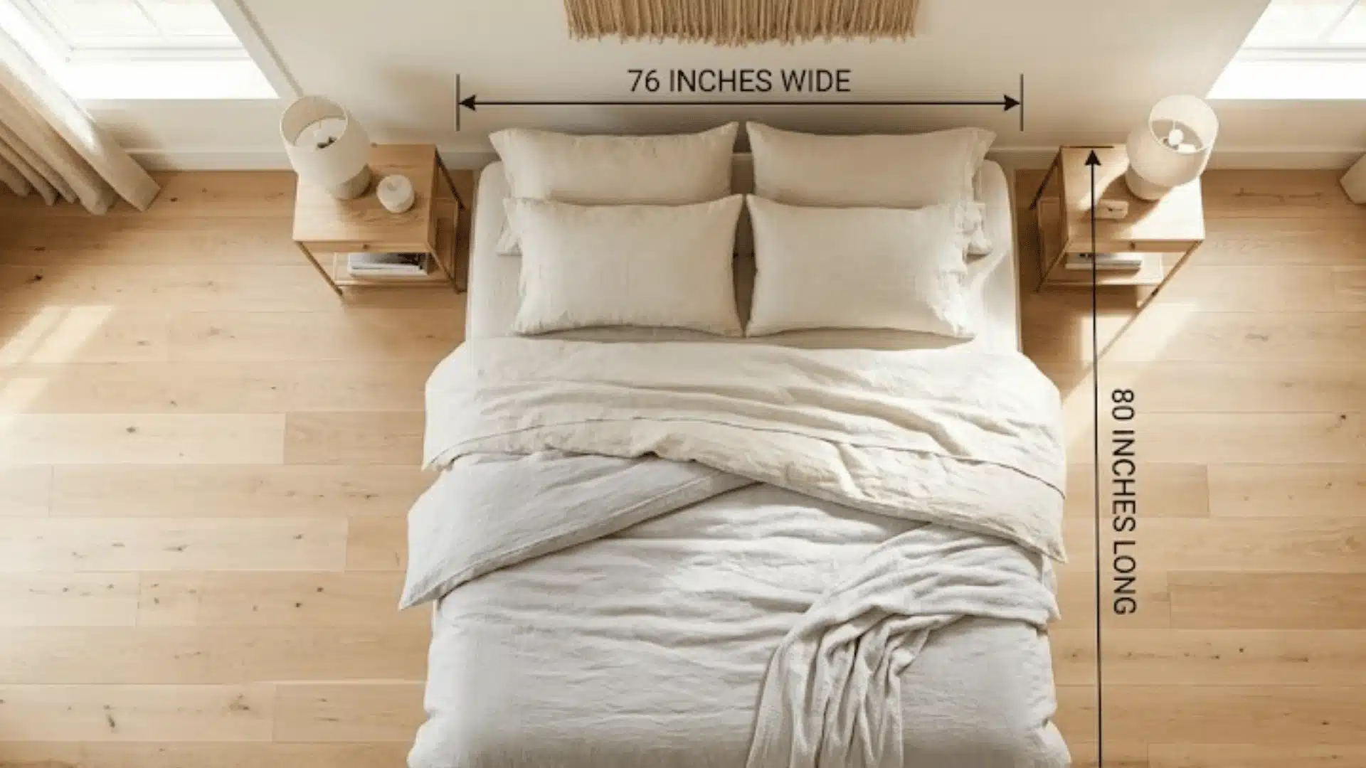 King bed size shown from above with 76 x 80-inch dimensions and side tables.
