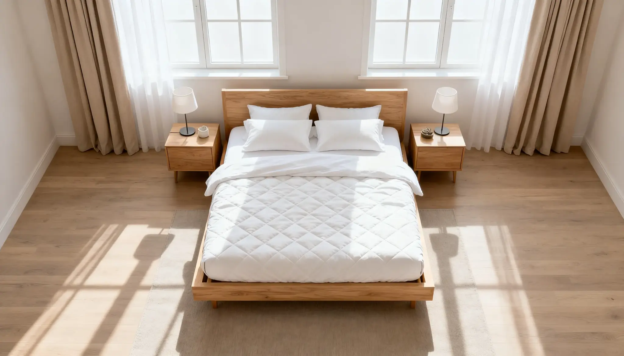 King size bed with a wooden frame, white quilted bedding, and four pillows, set in a sunlit bedroom with matching nightstands and lamps on either side.