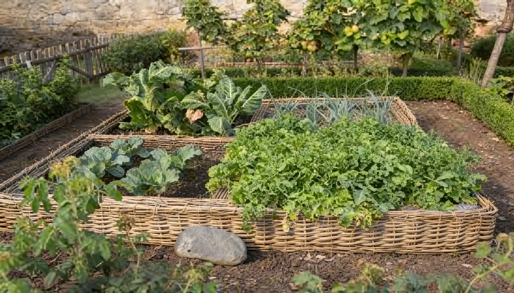 A raised garden bed woven from willow branches contains lush green kale and cabbage plants, with leeks and a stone in the foreground.