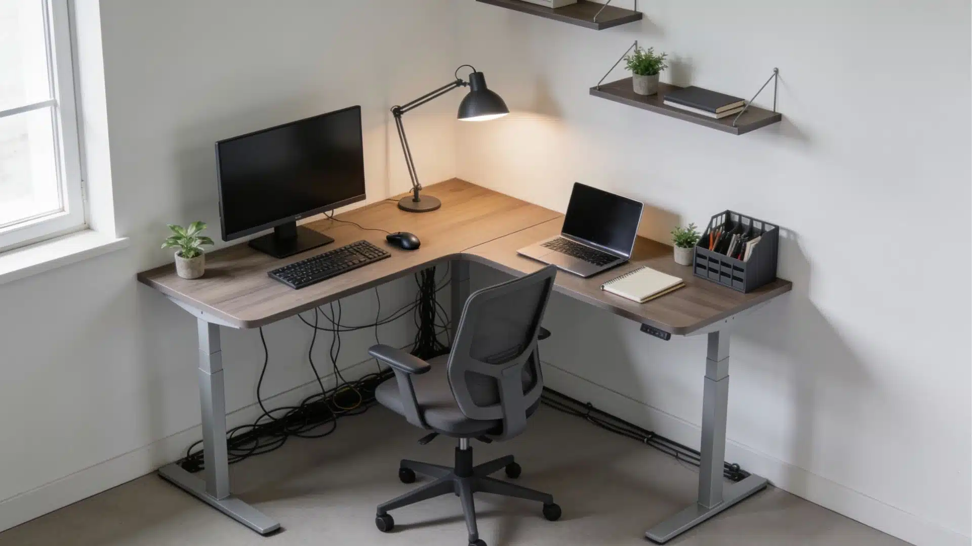 Adjustable standing L-shaped desk with computer monitor, laptop, desk lamp, and ergonomic chair.