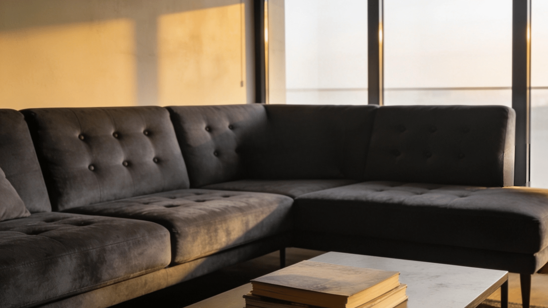 Dark gray tufted L shaped sectional sofa corner detail near large windows