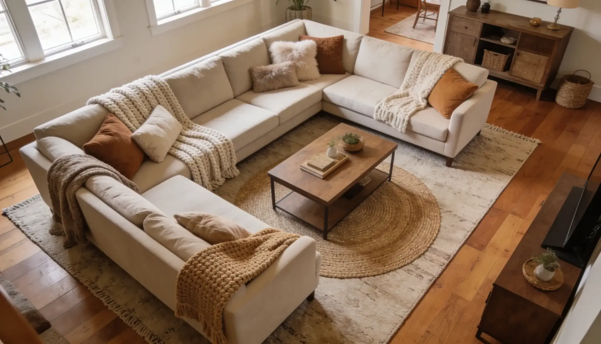 A sectional sofa with neutral-toned cushions and throws surrounds a wooden coffee table on a layered rug in a well-lit living room.