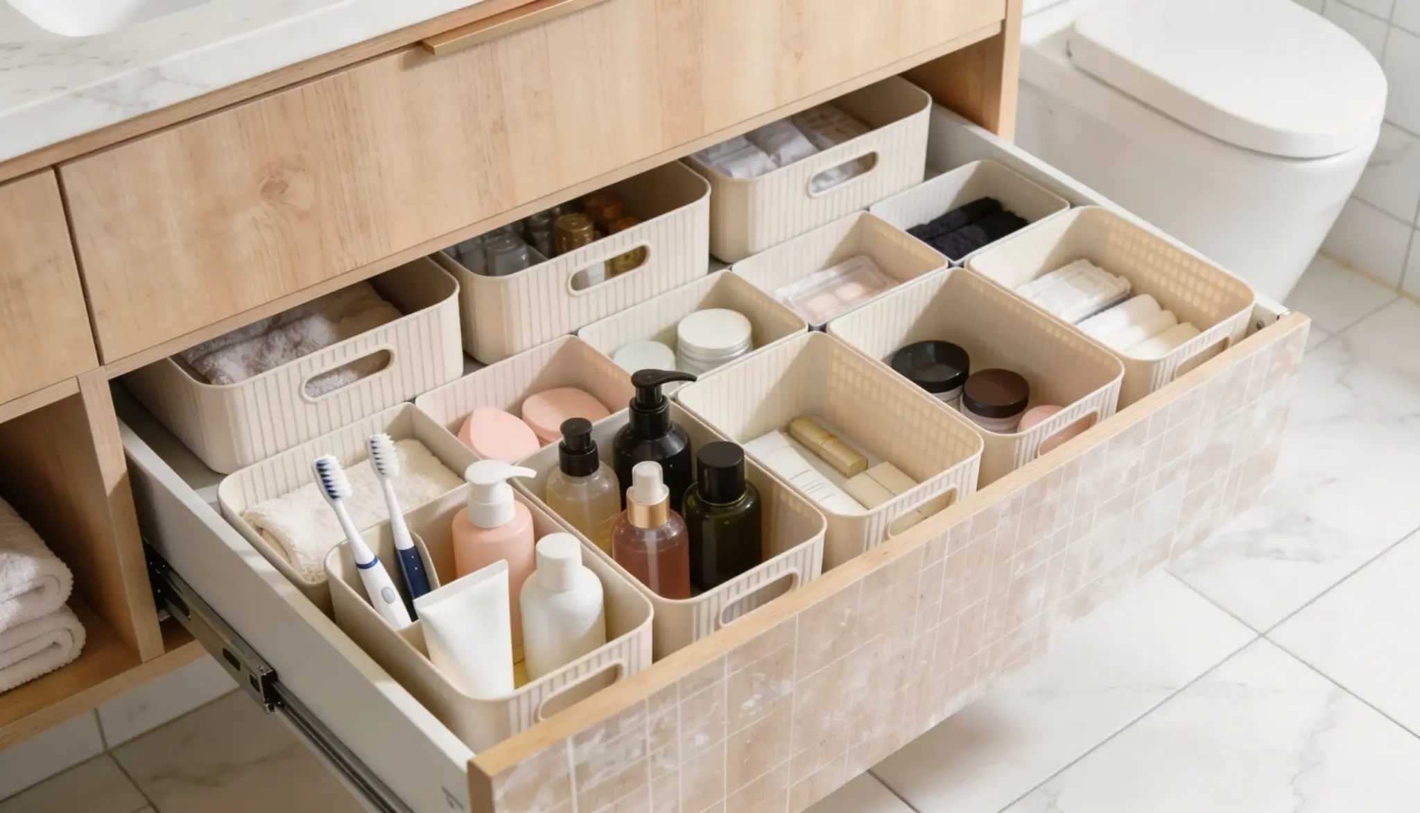 A well-arranged bathroom containing a sink, toilet, and a drawer, emphasizing functionality and cleanliness.