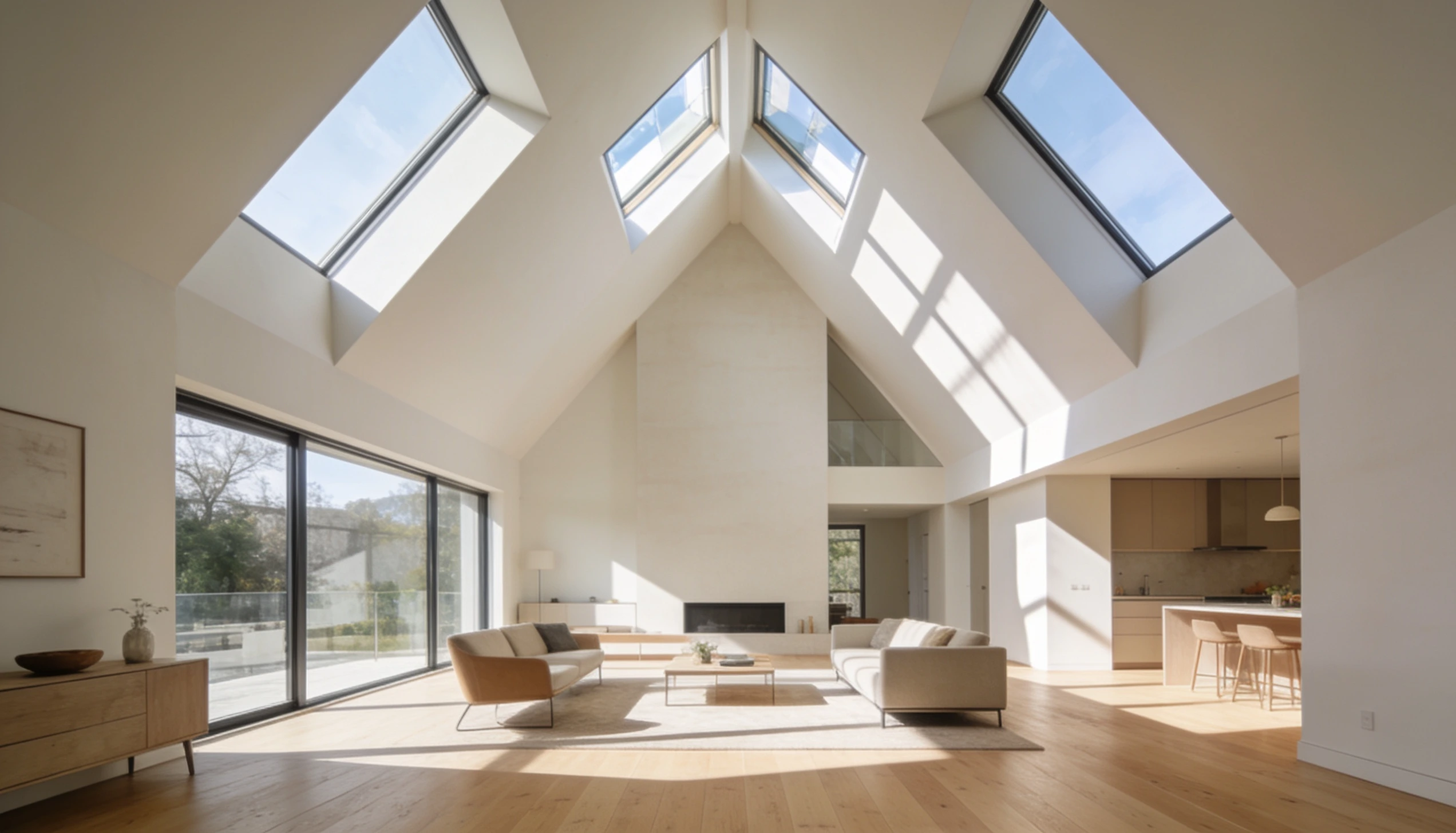 Cathedral ceiling with skylights and bright natural light