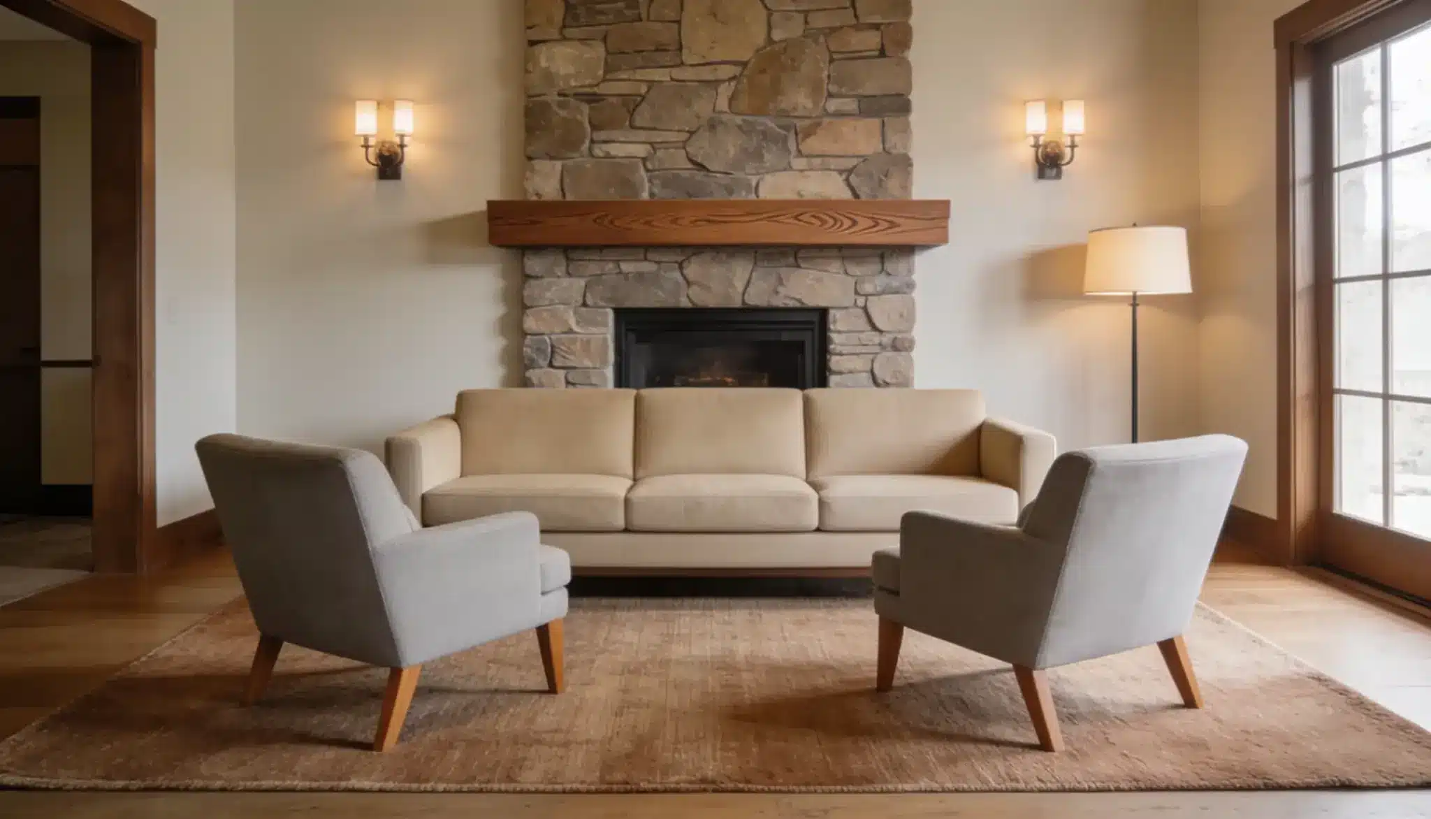 A neutral living room features a beige sofa, two gray armchairs, a stone fireplace, and a tall floor lamp.