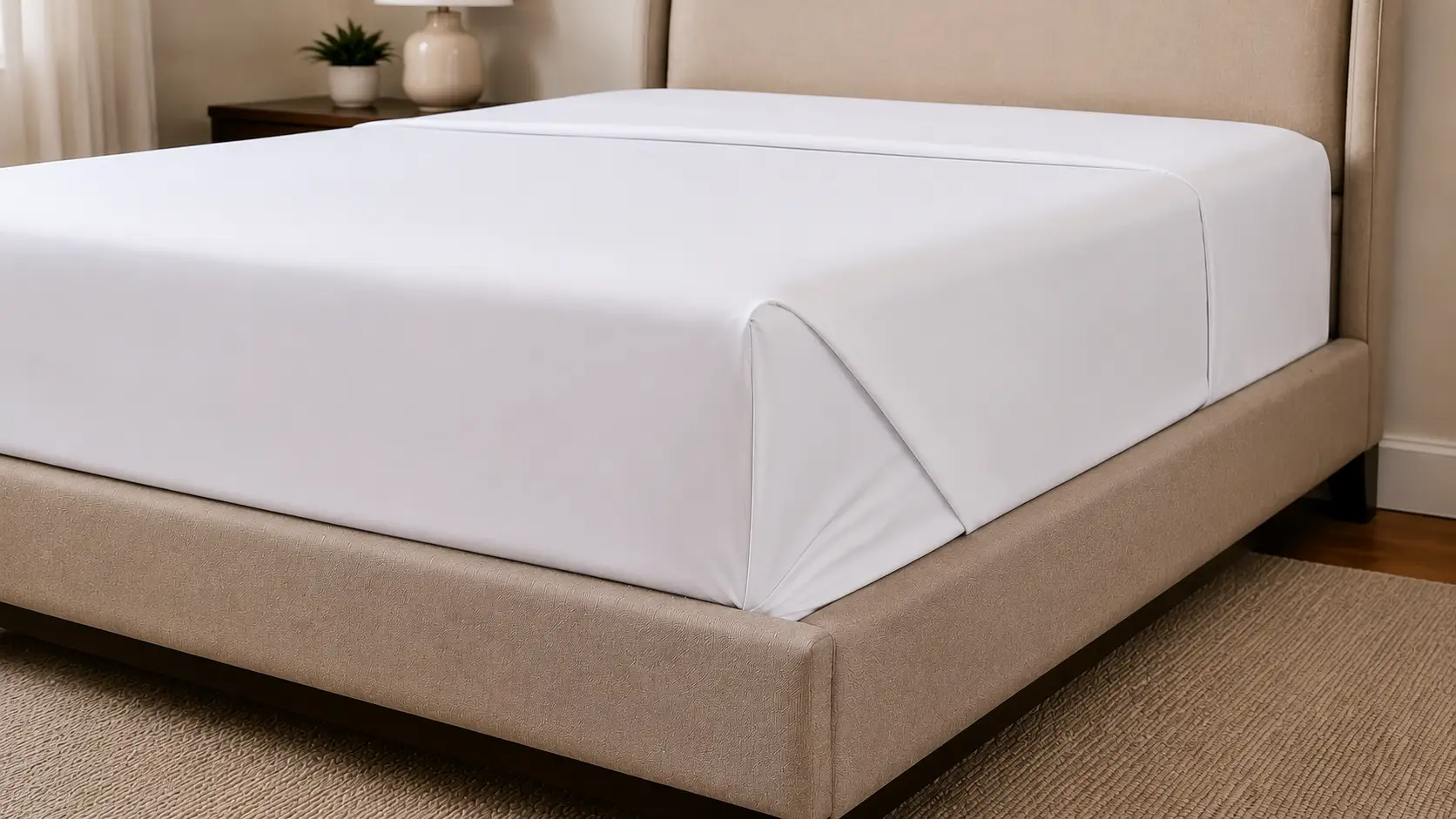 Close-up of neatly folded hospital corners creating sharp, tucked edges on a fitted bed sheet