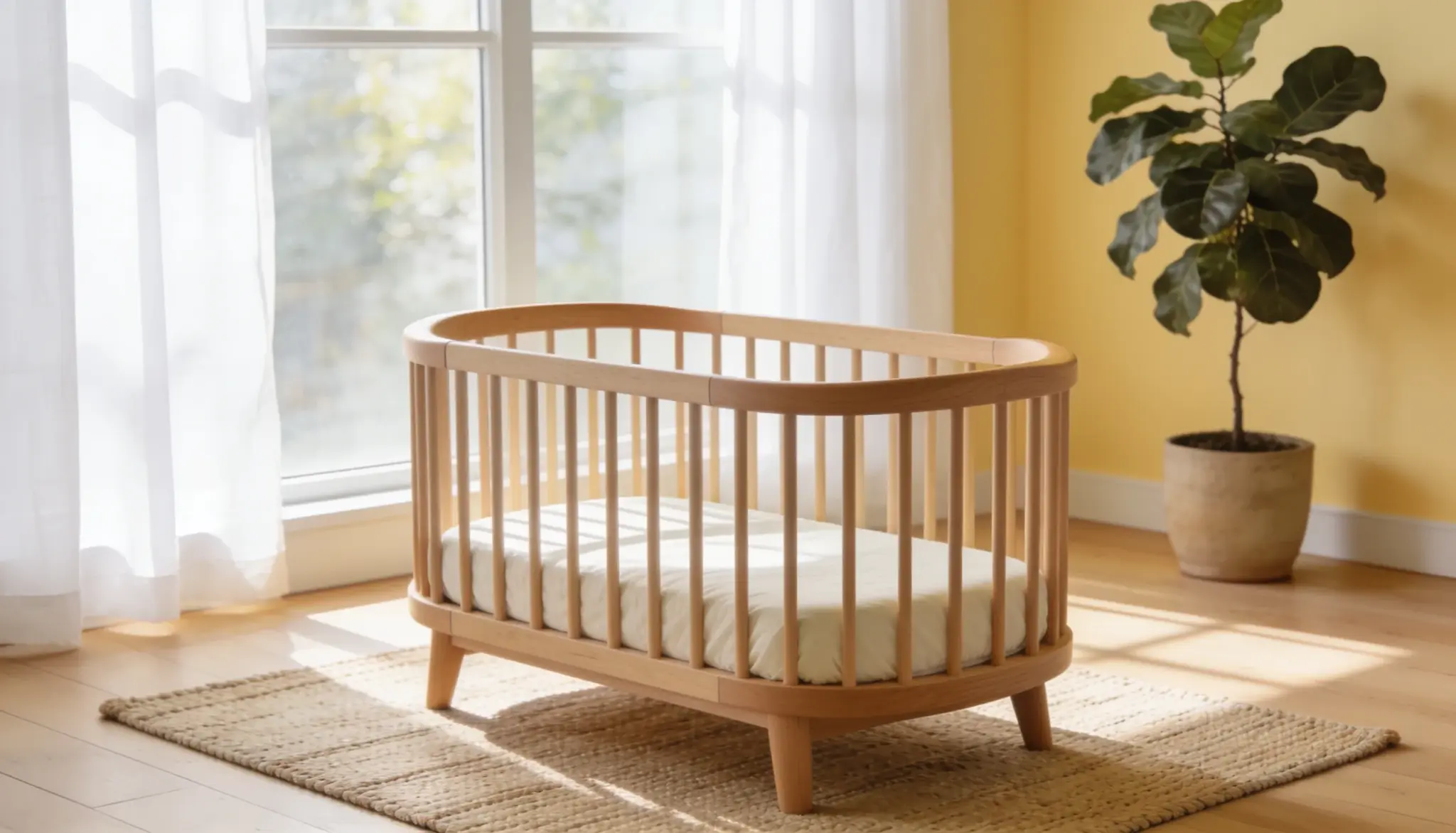 Mini crib mattress inside a compact wooden mini crib in a modern nursery