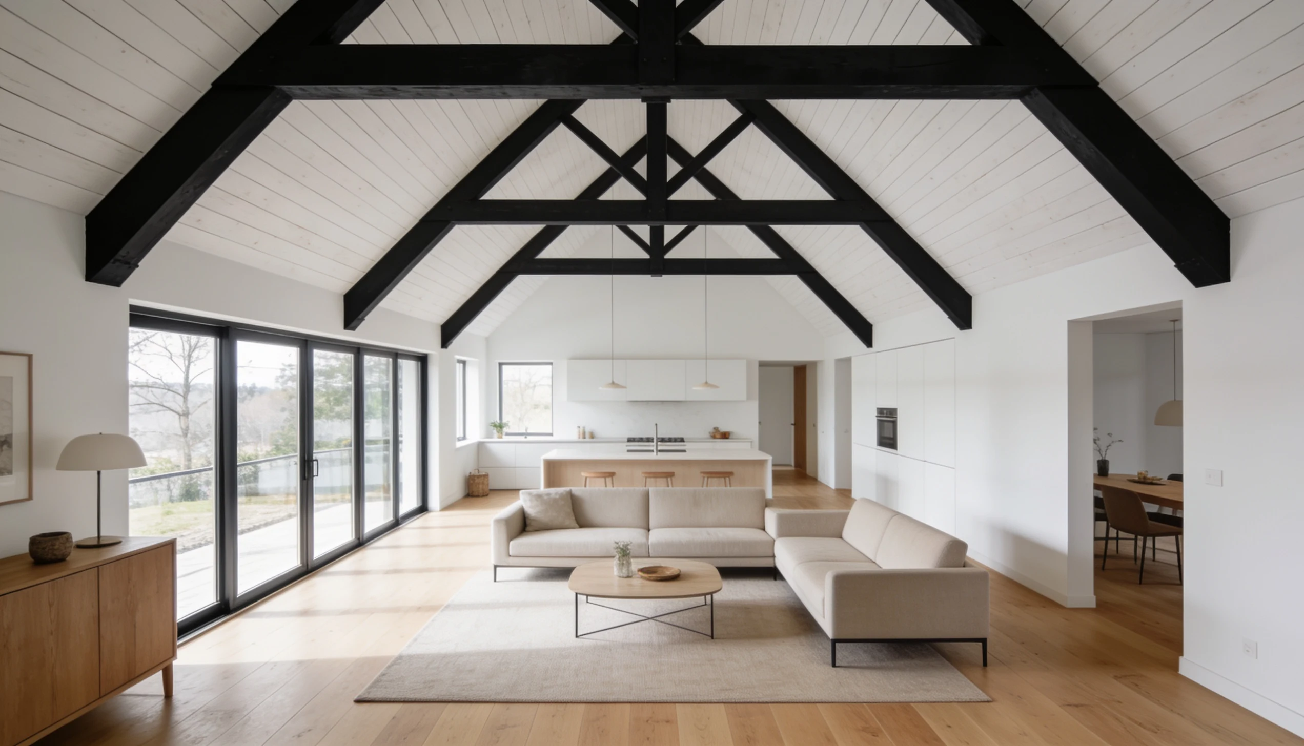 Modern cathedral ceiling with black beams and white wood ceiling