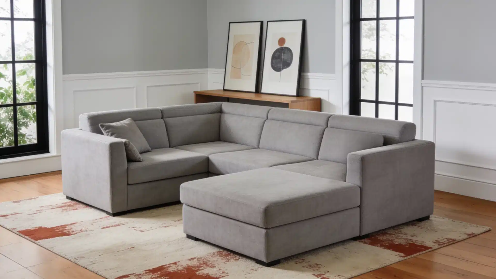 Gray modular sectional sofa with a chaise piece in a living room with wainscoting