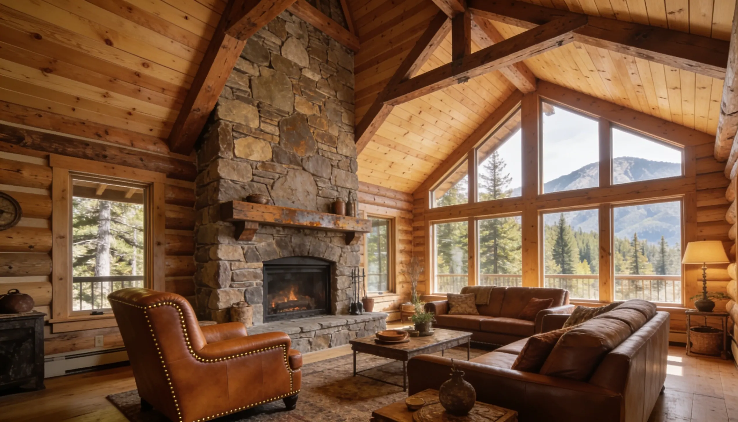 Mountain cabin with wood cathedral ceiling and stone fireplace
