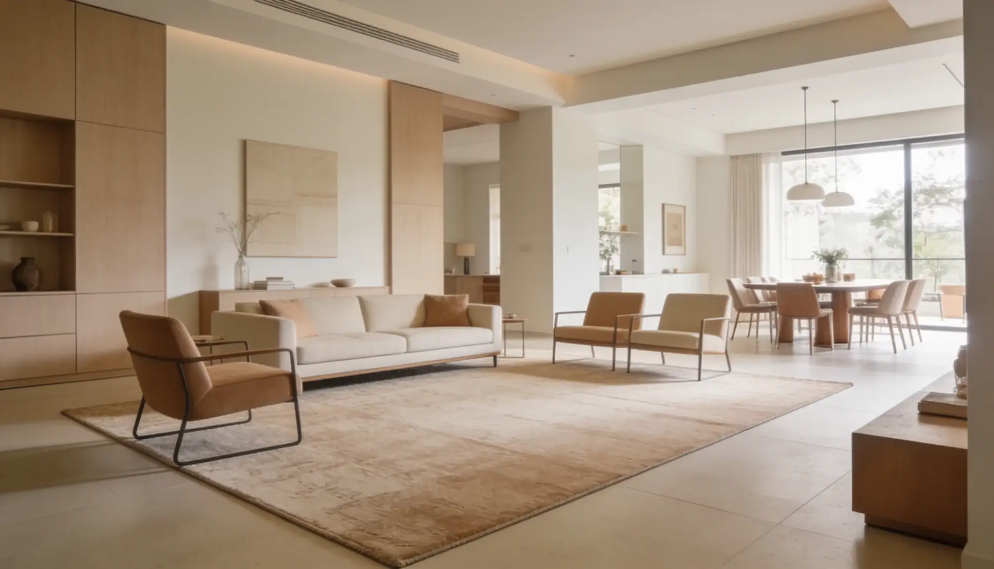 Modern living and dining room with neutral-toned furniture, large windows, and wood accents.