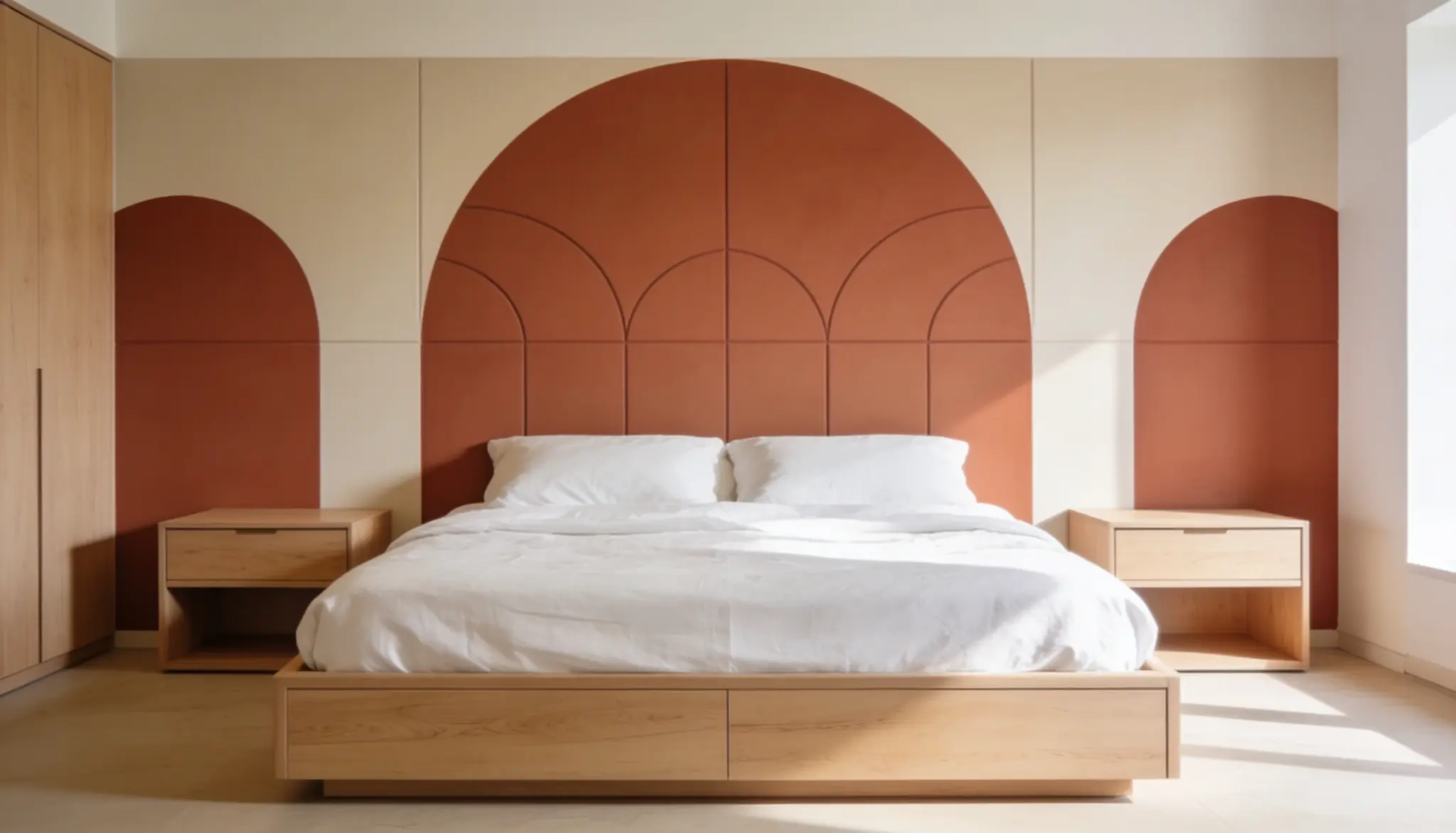 DIY painted geometric headboard wall with terracotta arches behind a modern wooden bed, white linen bedding, and minimalist bedroom décor.