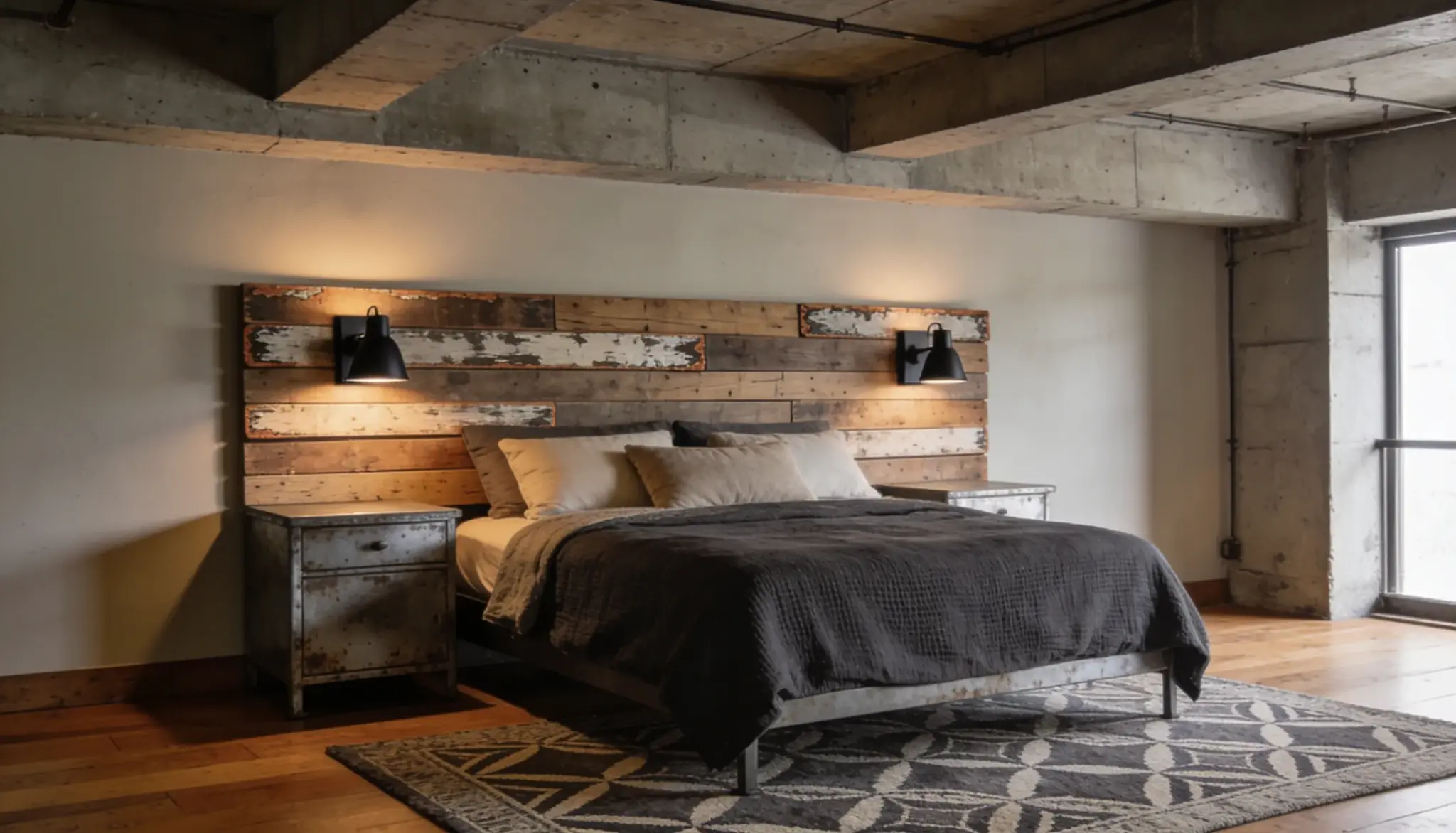 DIY pallet wood headboard made from reclaimed wooden boards in an industrial-style bedroom with charcoal bedding, metal nightstands, and exposed concrete ceilings.