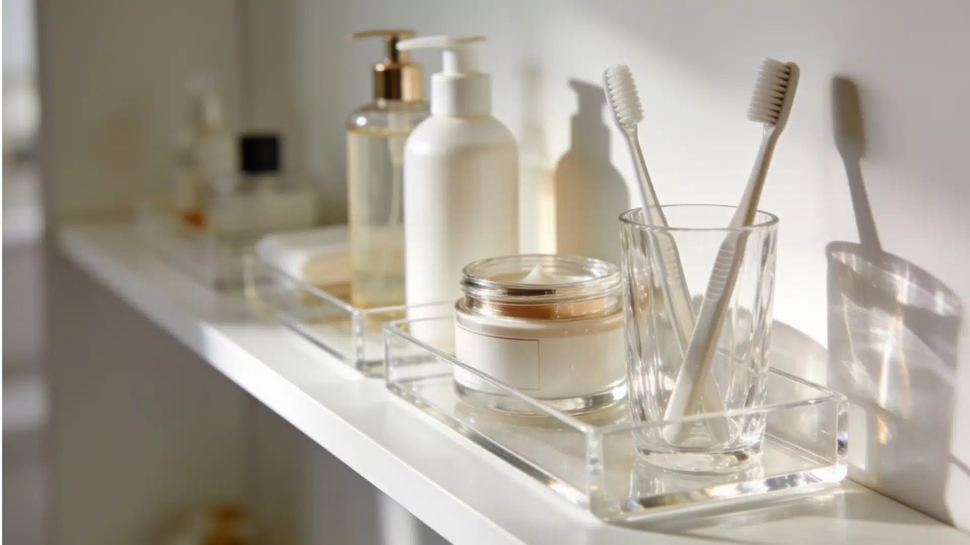 A neatly arranged shelf with a toothbrush, a tube of toothpaste, and a bottle of mouthwash.