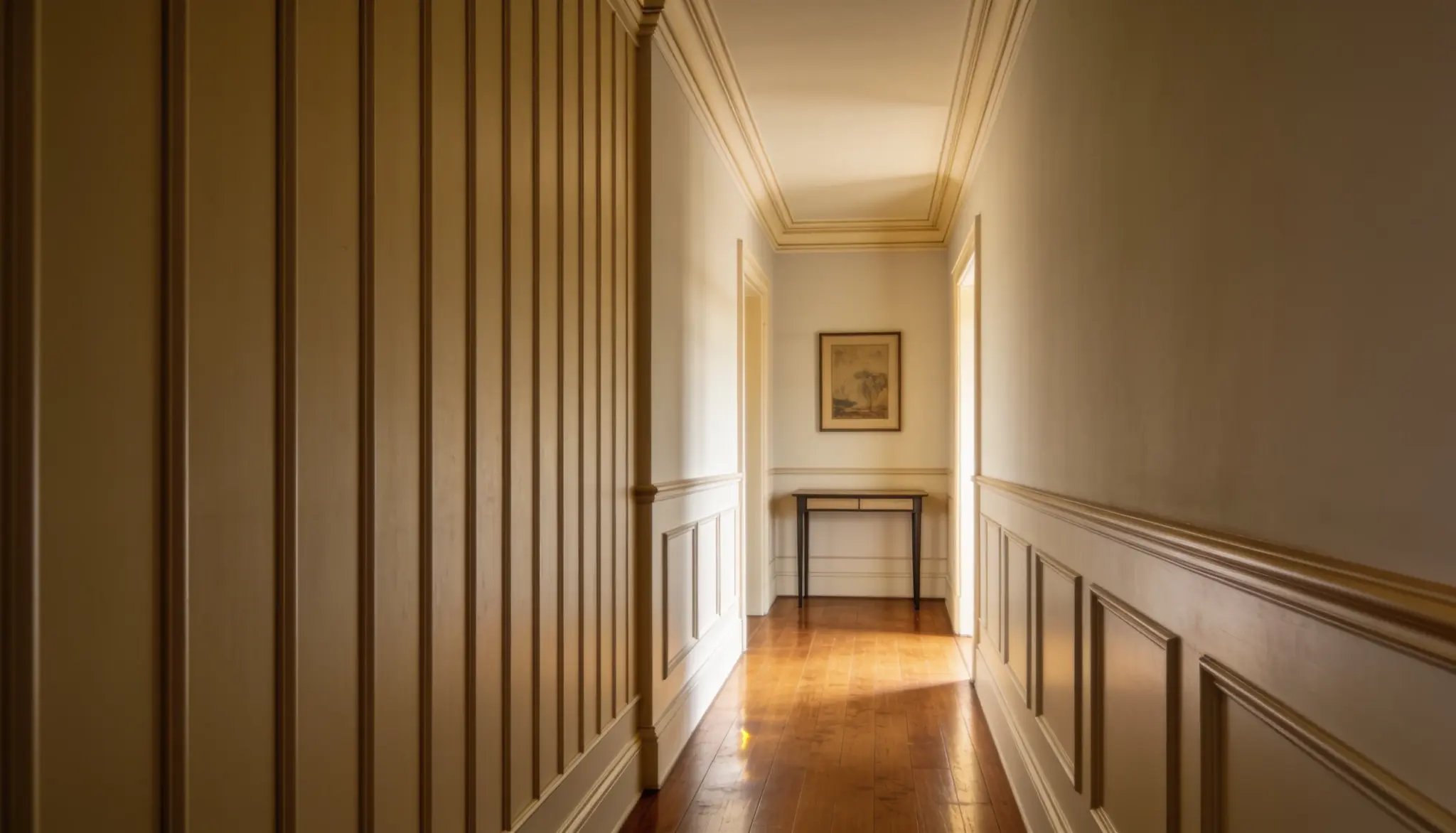 A hallway featuring wooden paneling, illuminated by natural light streaming through a window.