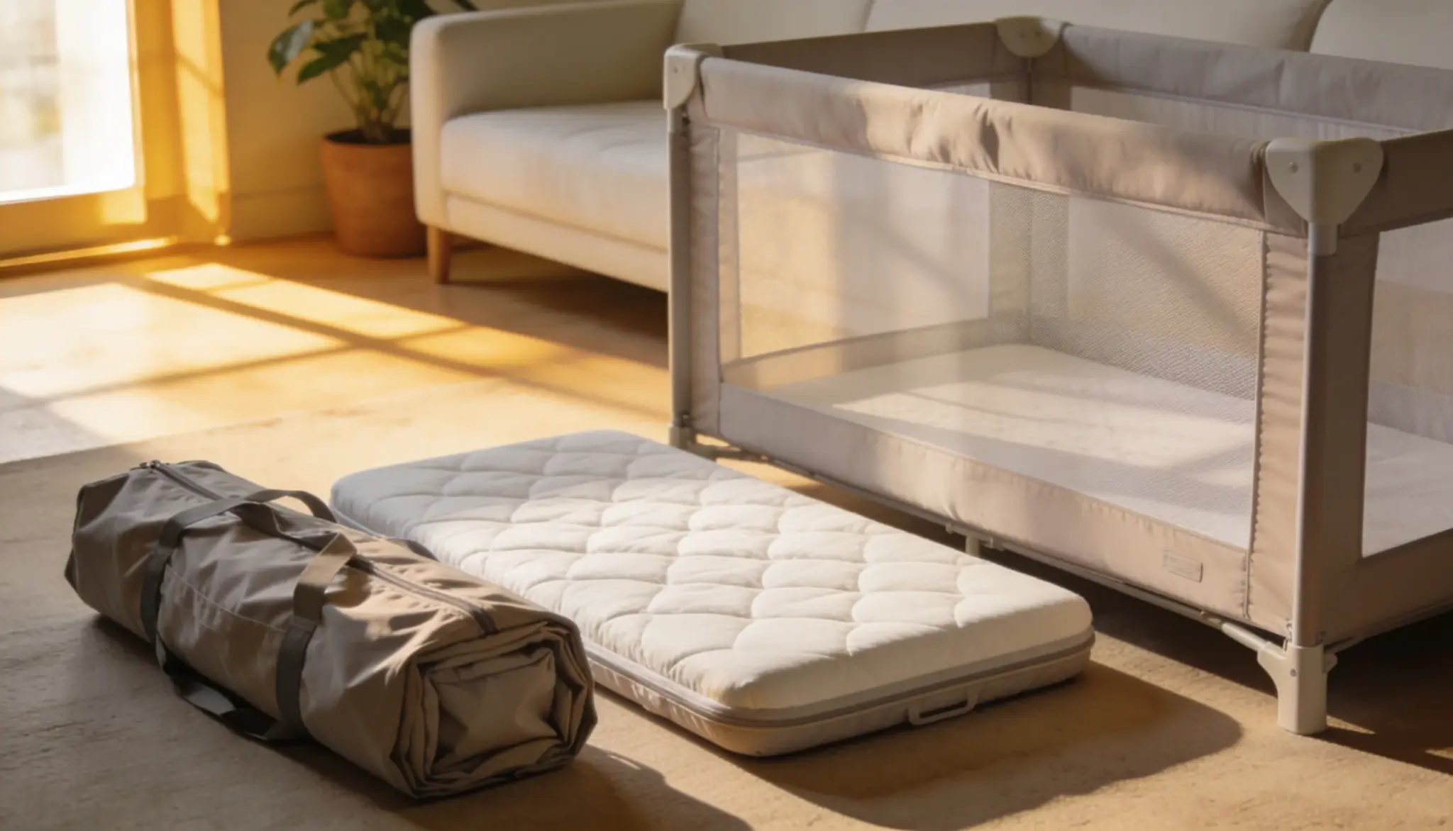 ortable crib mattress next to a travel crib and storage bag