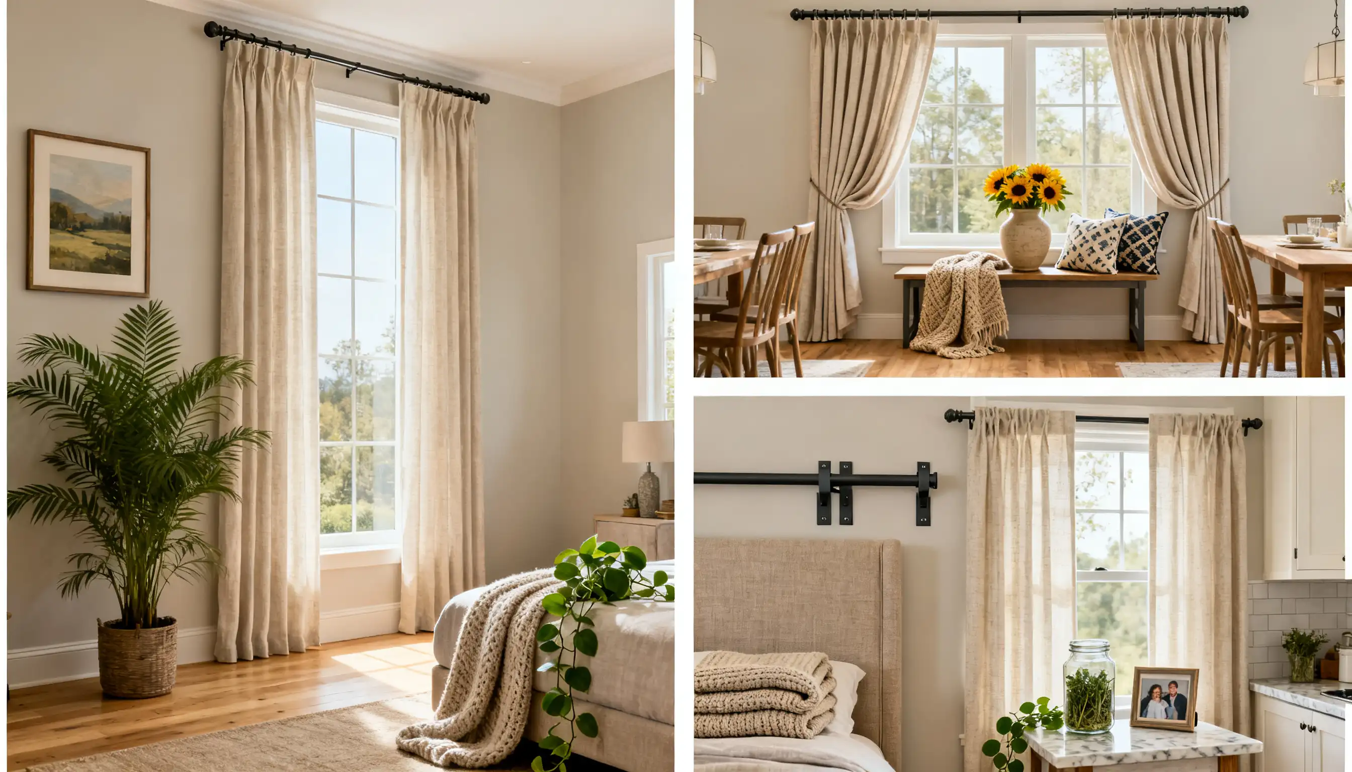 Collage of three rooms featuring beige curtains, houseplants, and natural light.