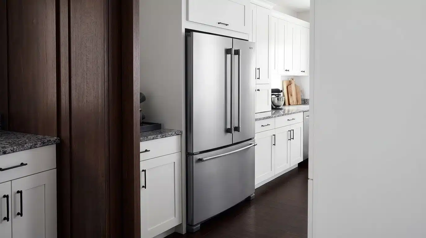 Counter-depth stainless steel refrigerator sitting nearly flush with the surrounding kitchen cabinets.