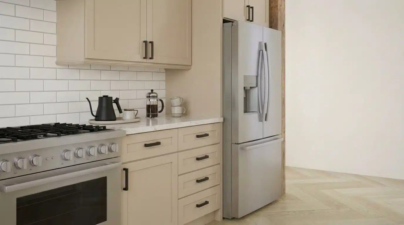 A modern kitchen featuring a standard-depth stainless steel refrigerator that extends slightly beyond the surrounding cream-colored cabinets.