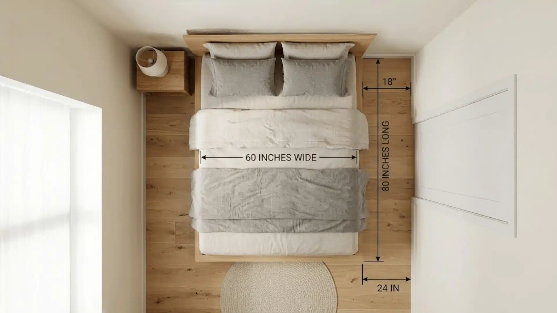 Queen bed size shown from above with 60 x 80-inch dimensions and room clearance.