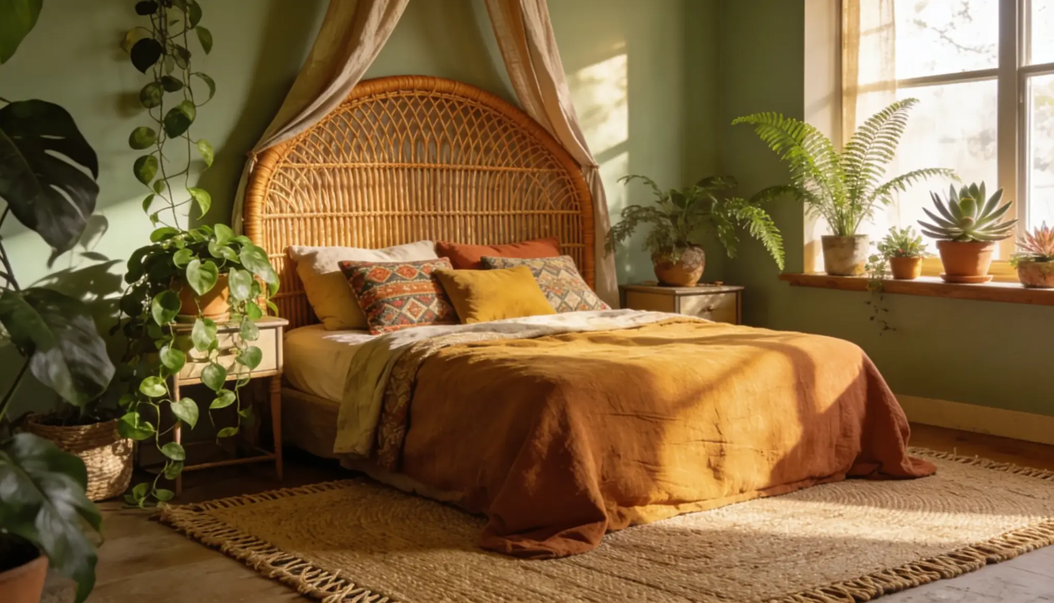 DIY rattan cane headboard in a cozy boho bedroom with earthy bedding, lush indoor plants, woven textures, and warm natural sunlight.