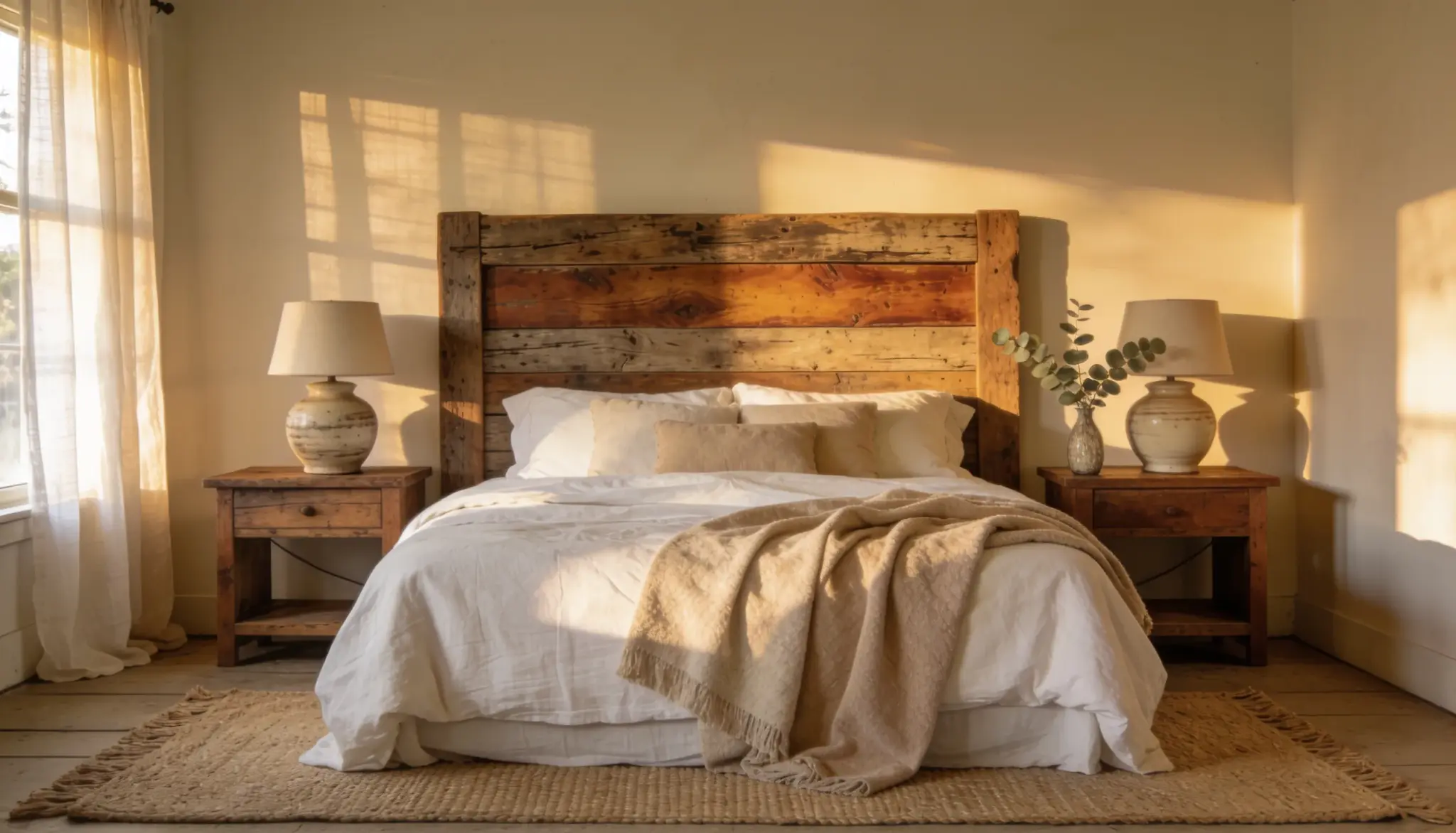DIY reclaimed wood headboard made from weathered wooden planks in a cozy farmhouse bedroom with white linen bedding, rustic nightstands, and warm golden sunlight