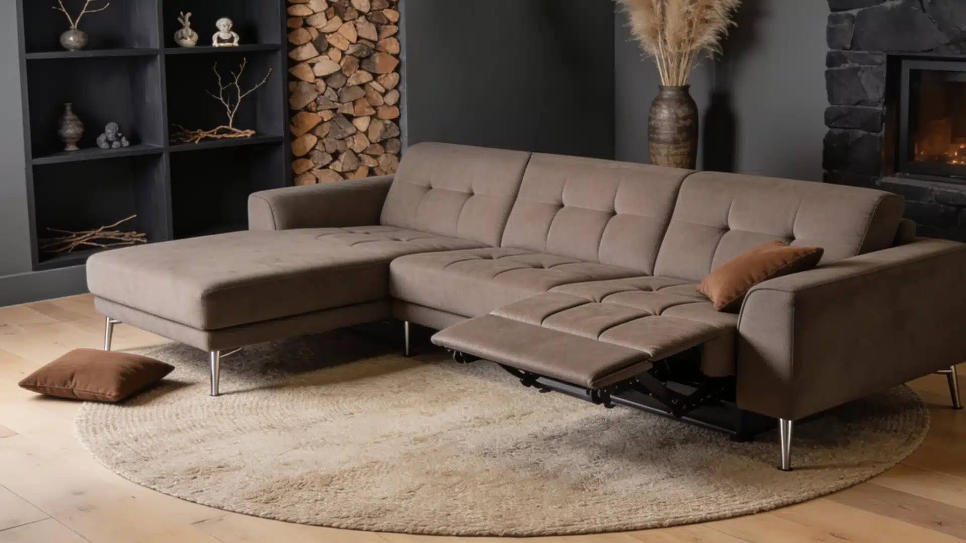Brown reclining sectional sofa with footrest extended near a fireplace