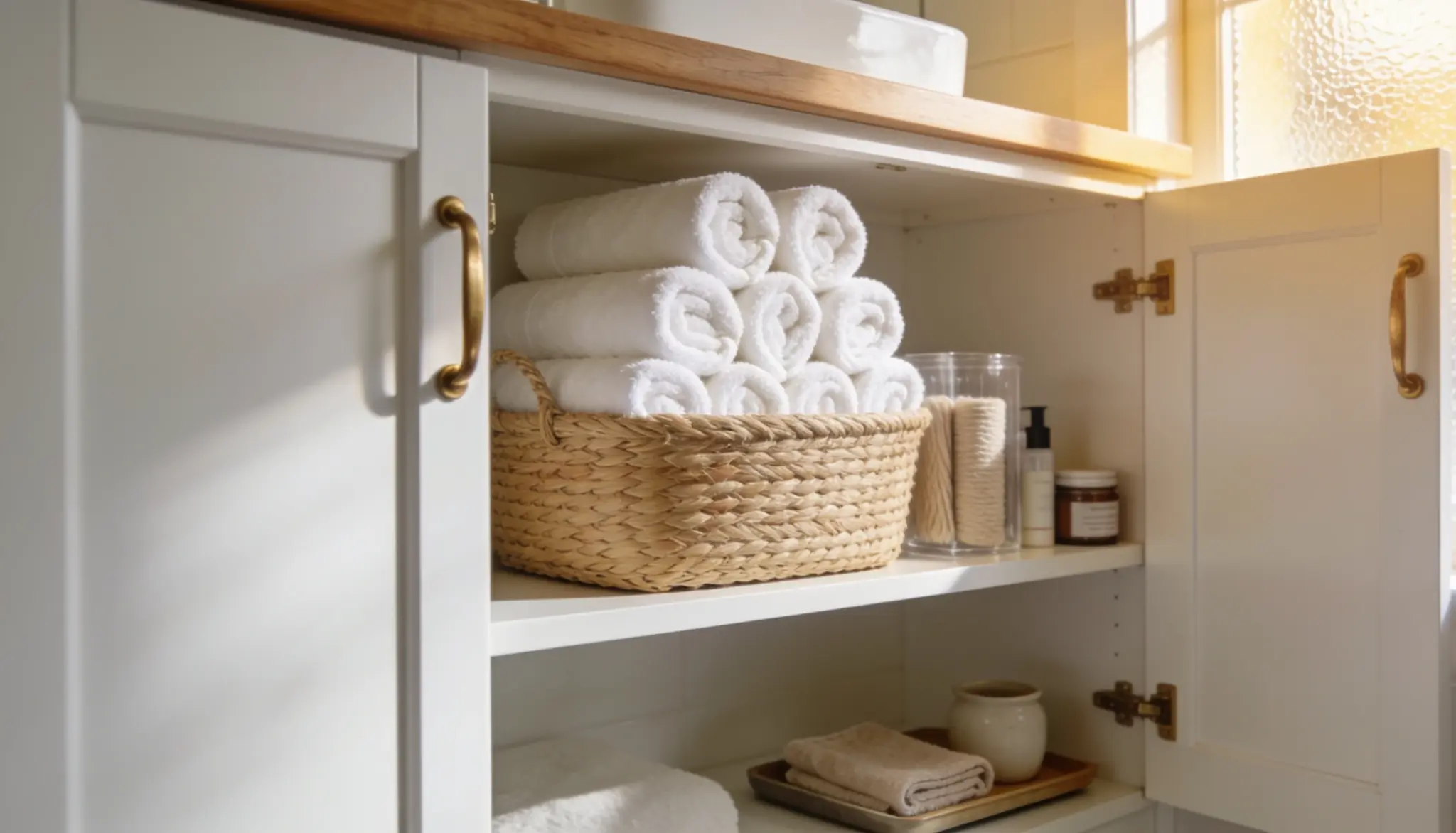 A bathroom featuring white cabinets and neatly arranged towels on a rack.