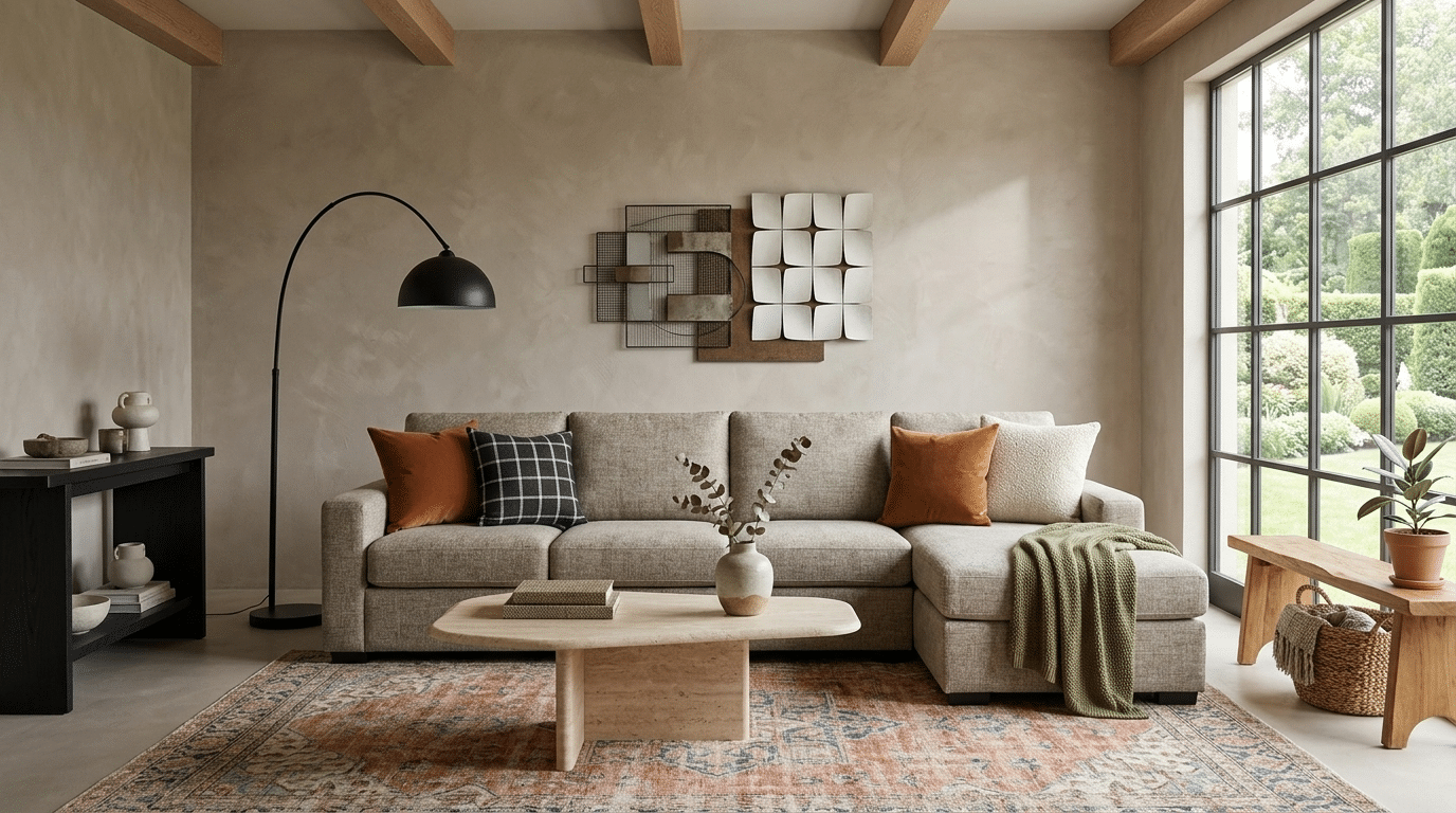 A cozy living room featuring a couch, a coffee table, and a decorative rug on the floor.