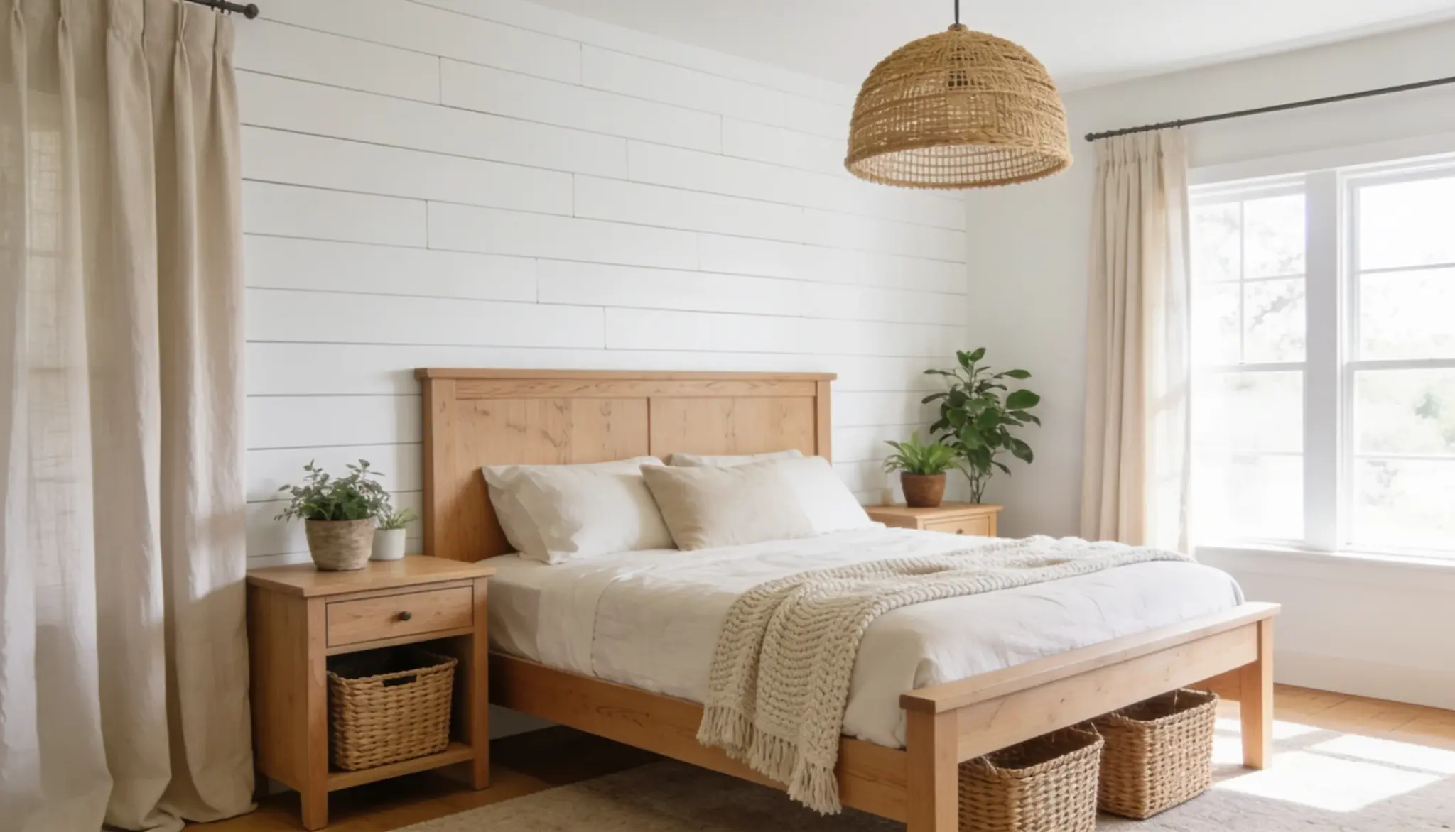 DIY white shiplap headboard wall behind a wooden bed with white linen bedding, woven pendant light, natural wood furniture, and bright natural sunlight.