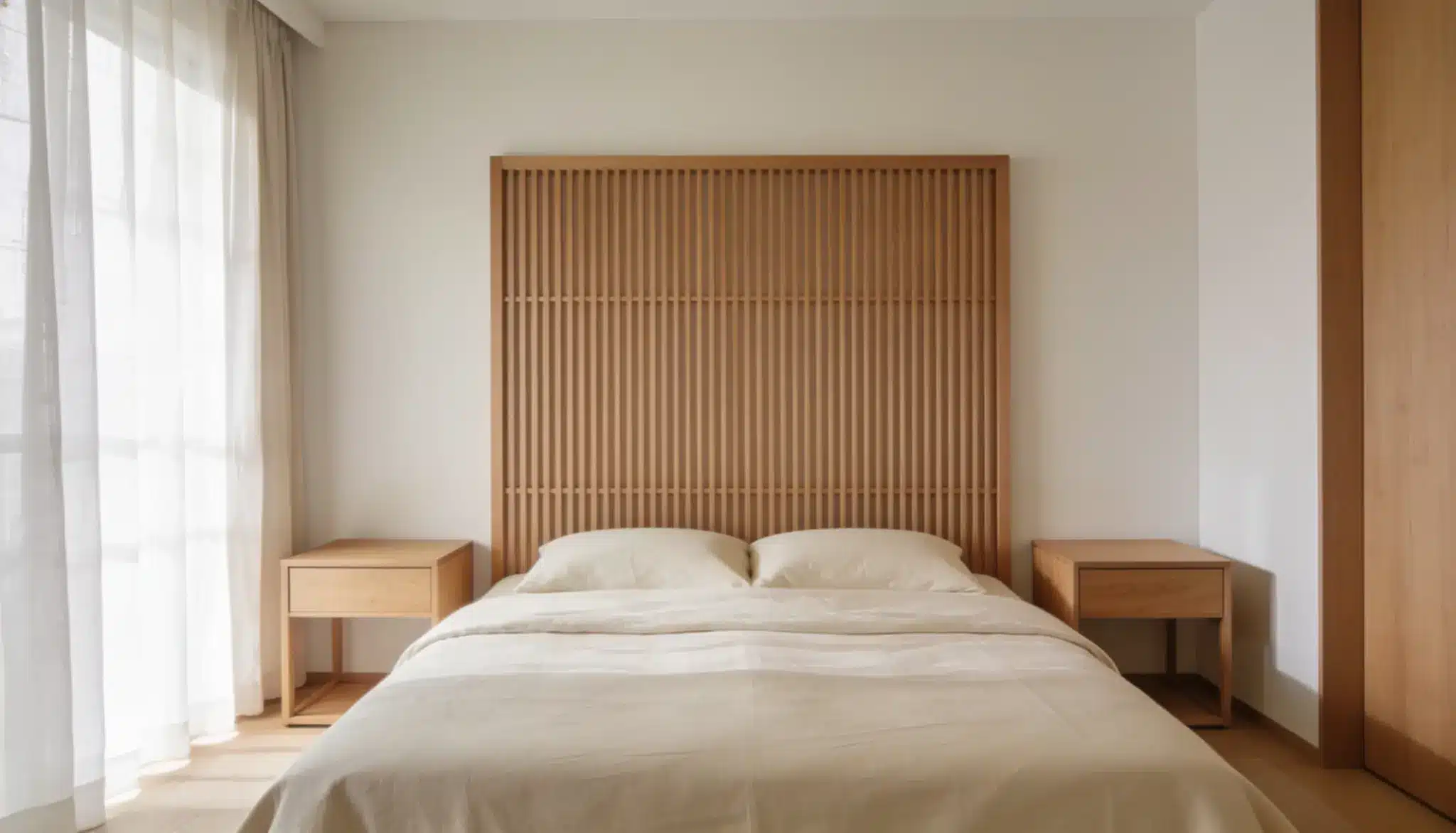 DIY vertical slatted wood headboard in a minimalist Japandi bedroom with white linen bedding, light oak nightstands, and soft natural sunlight.