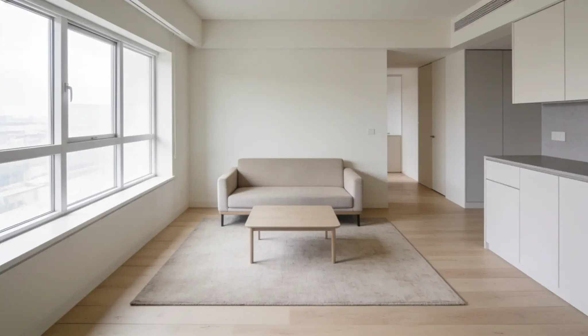 Modern living room with a beige sofa, light wood coffee table, and large window.
