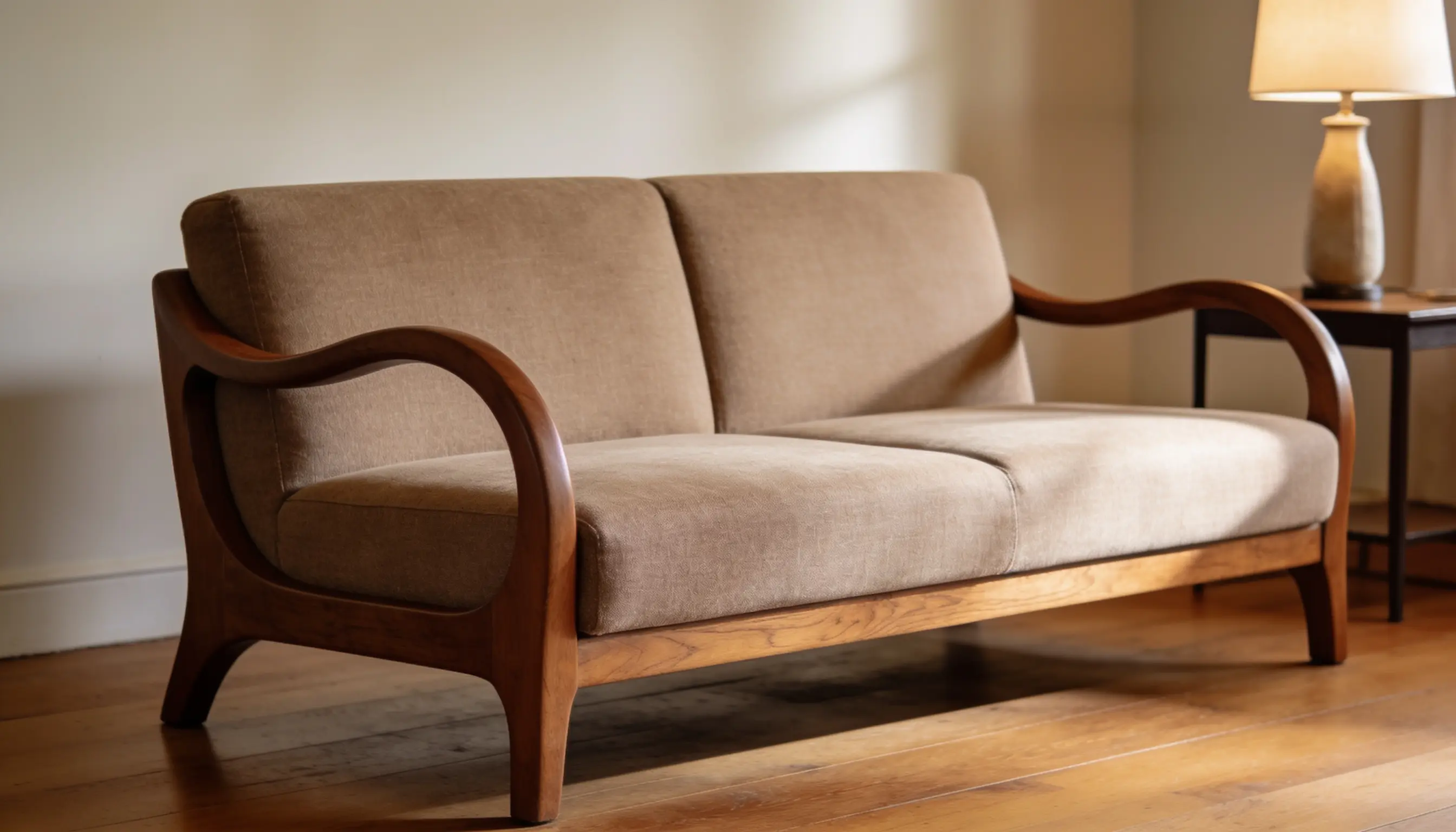A traditional loveseat placed in front of a lamp, contributing to a well-lit and inviting interior setting.