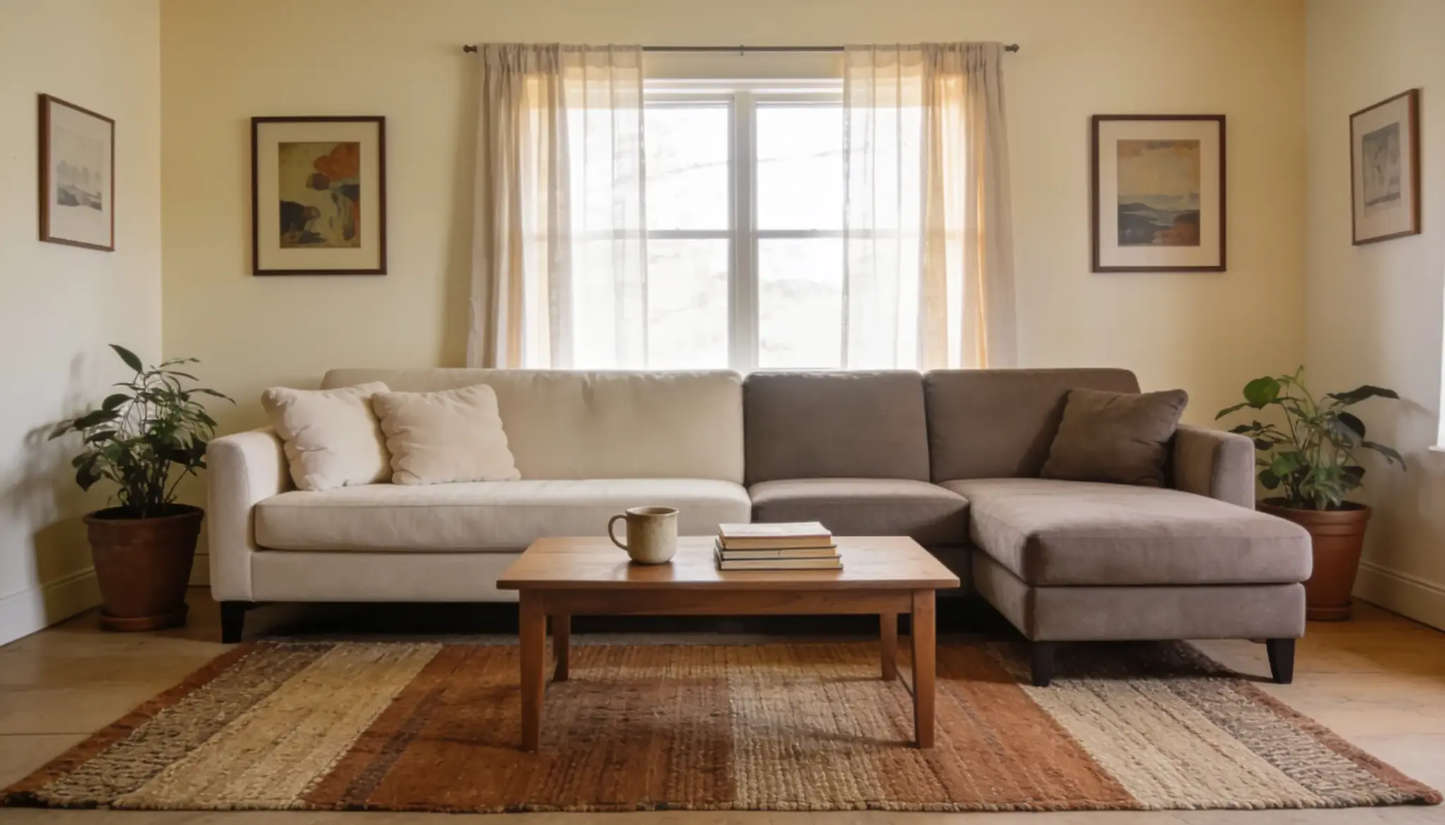 A well-furnished living room with a comfortable sofa, a stylish coffee table, and a bright window showcasing outdoor views.
