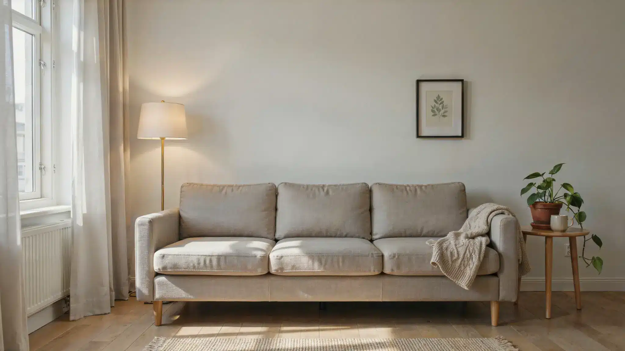 A cozy living room featuring a comfortable couch and a stylish lamp illuminating the space.