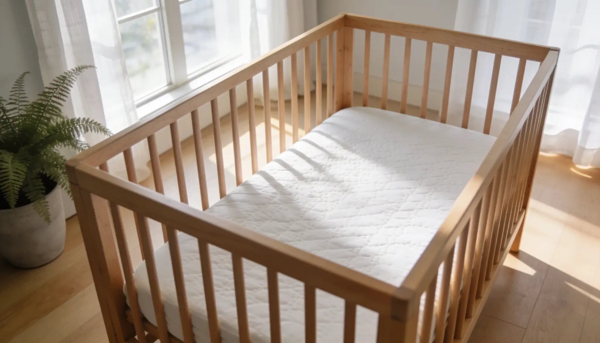 Standard crib mattress fitted securely inside a full size wooden baby crib