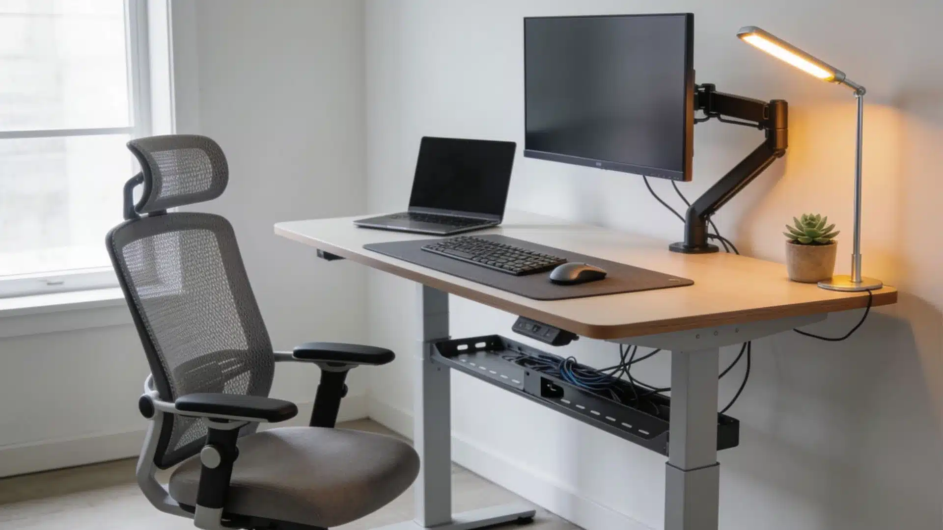 A modern standing desk setup with an ergonomic chair, laptop, monitor on an arm, and a desk lamp.