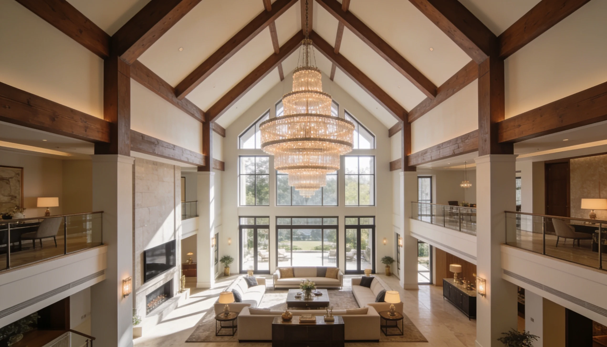 Cathedral ceiling with oversized chandelier and exposed wood beams