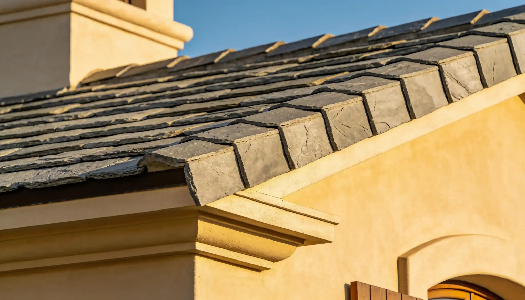 Natural slate tile roof with overlapping stone tiles