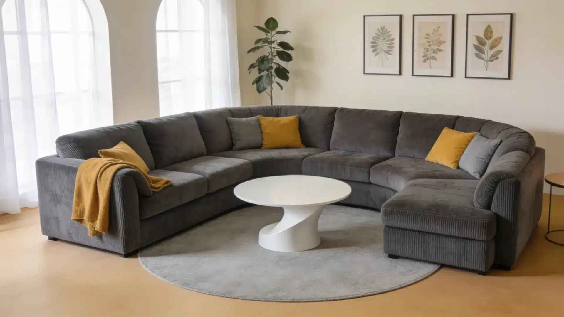 Dark gray U shaped sectional sofa with yellow throw pillows and a round white table