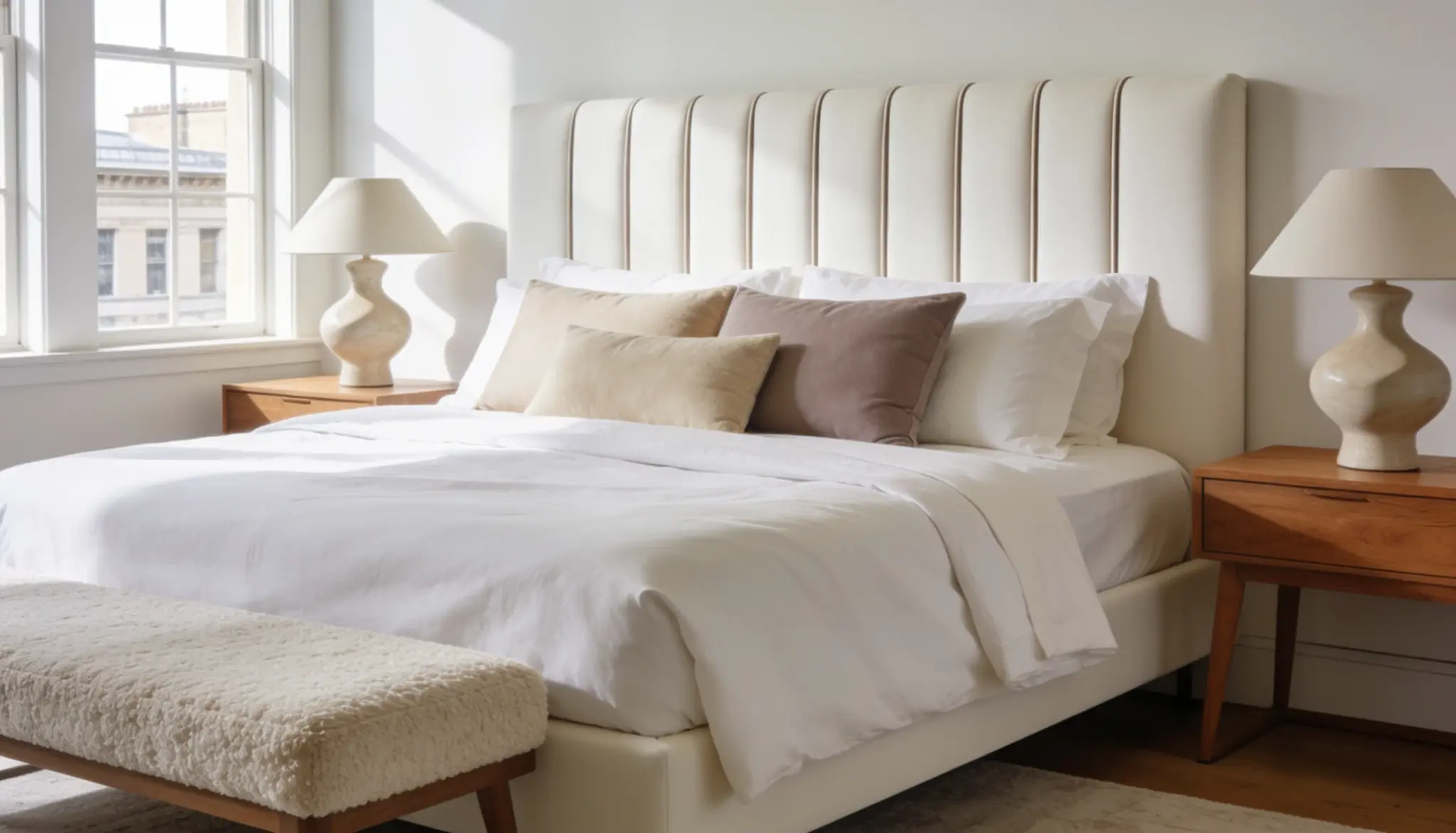 DIY upholstered fabric headboard with ivory channel tufting in a modern bedroom featuring white linen bedding, wooden nightstands, and soft natural sunlight.