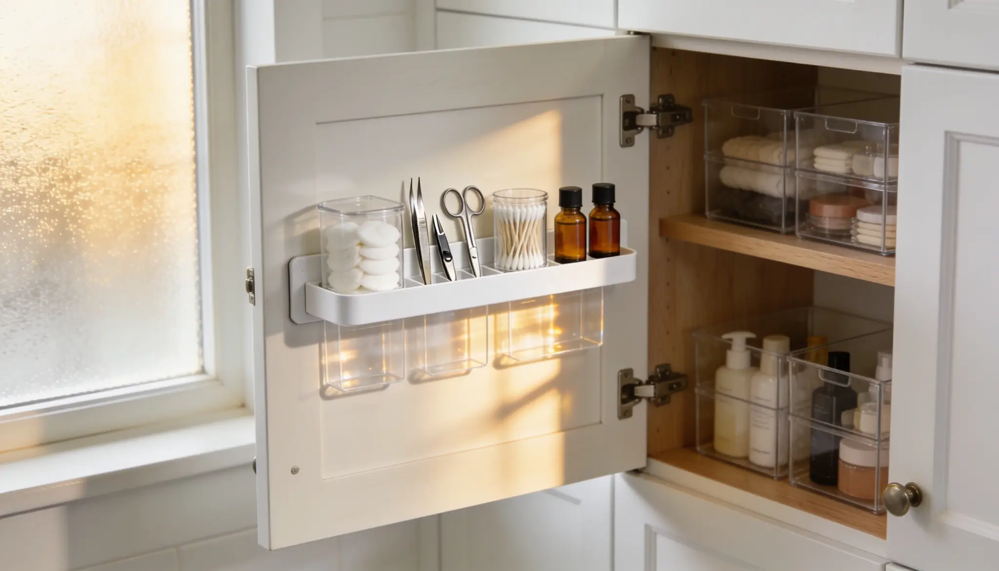 A bathroom cabinet featuring a mirror above a sink, showcasing a clean and organized space